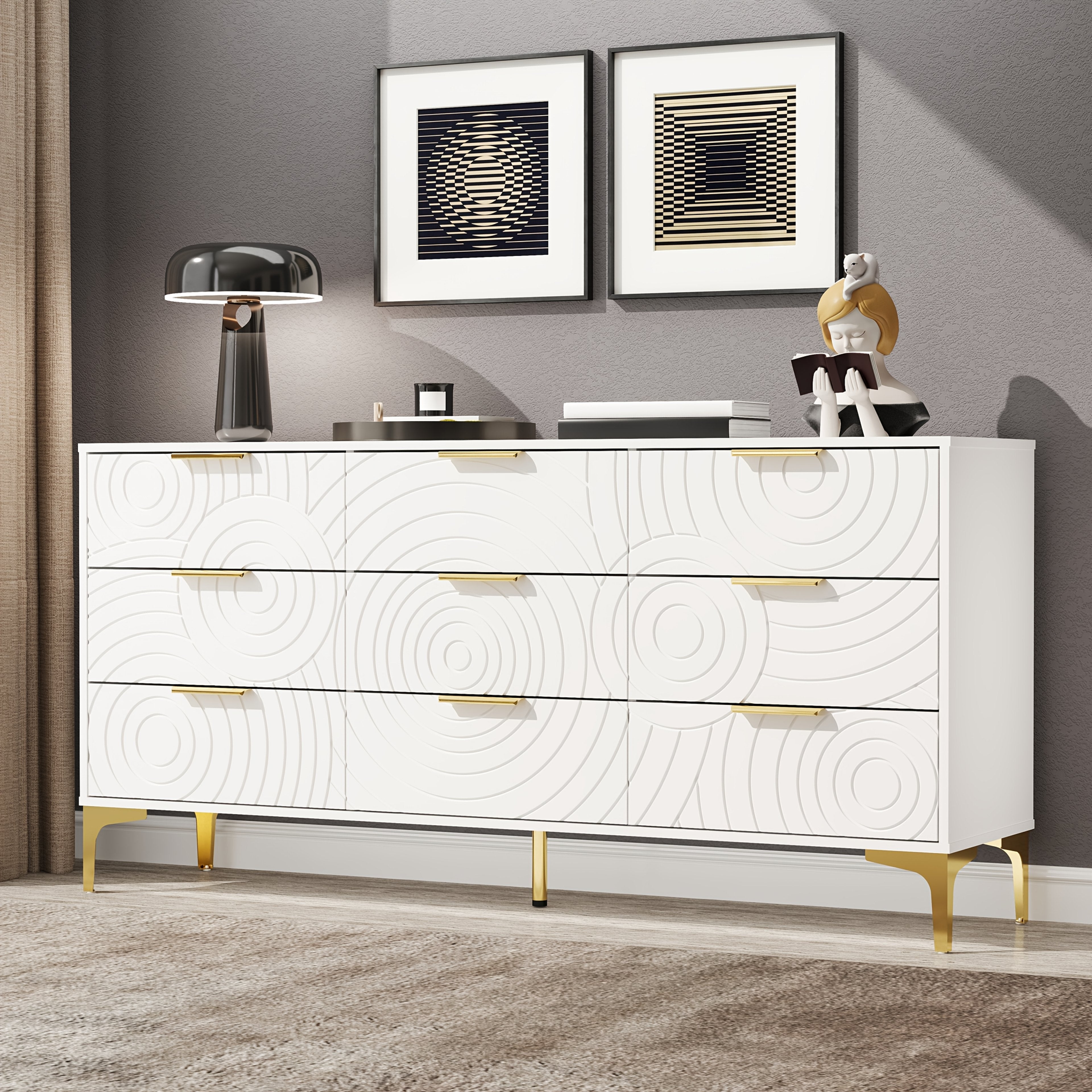 9/6-Drawer Modern Storage Cabinet Gold-Accented Handles Geometric Pattern Sturdy Metal Legs Easy-Slide Drawers Living