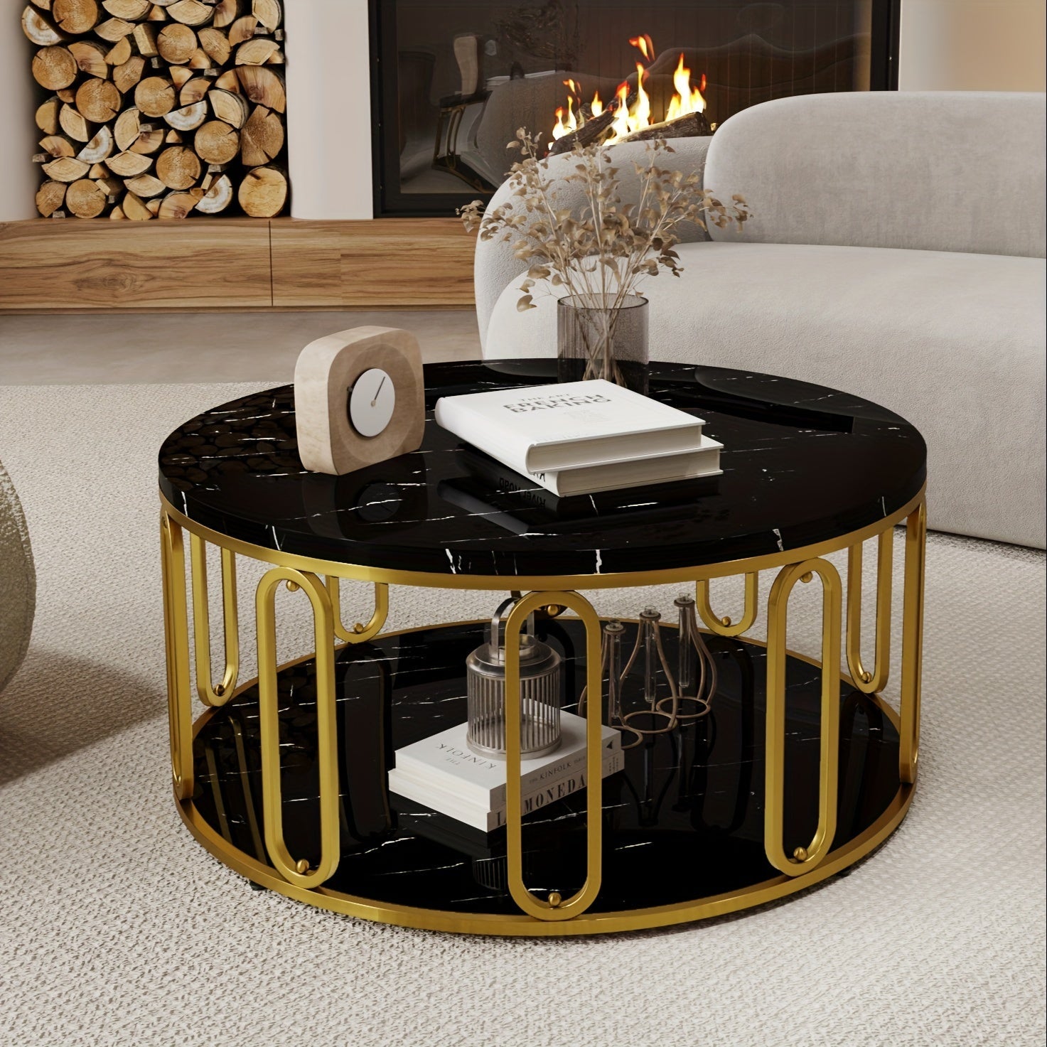 Round Coffee Table, Wooden Marble Pattern Coffee Table With Round Open Storage, Solid Golden Metal Legs For Living Room, White/Black