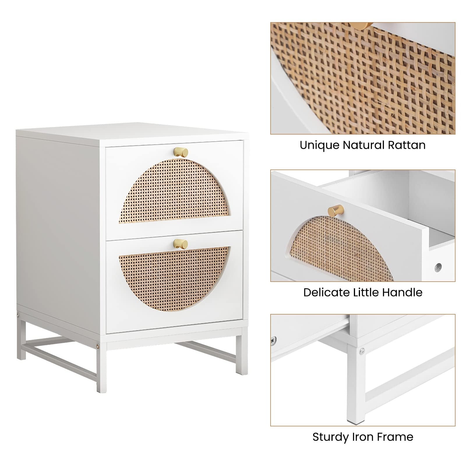 Modern Rattan Nightstand, Multi-Functional Side Table with Two Storage Drawers, Suitable for Living Room, Bedroom and Small Space Storage Table