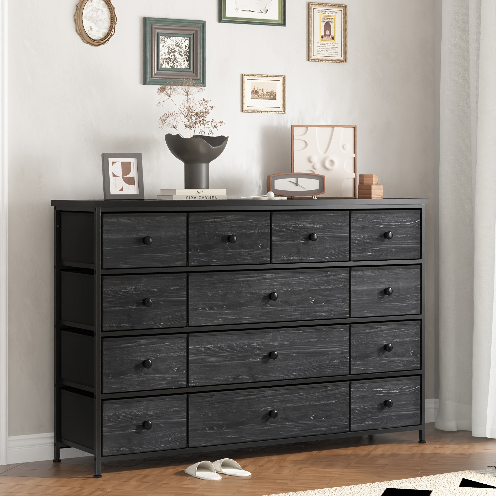 Black Dresser Dresser for Bedroom Dresser with 13 Storage Drawer Dressers & Chests of Drawers for 55’’ TV Black Dresser