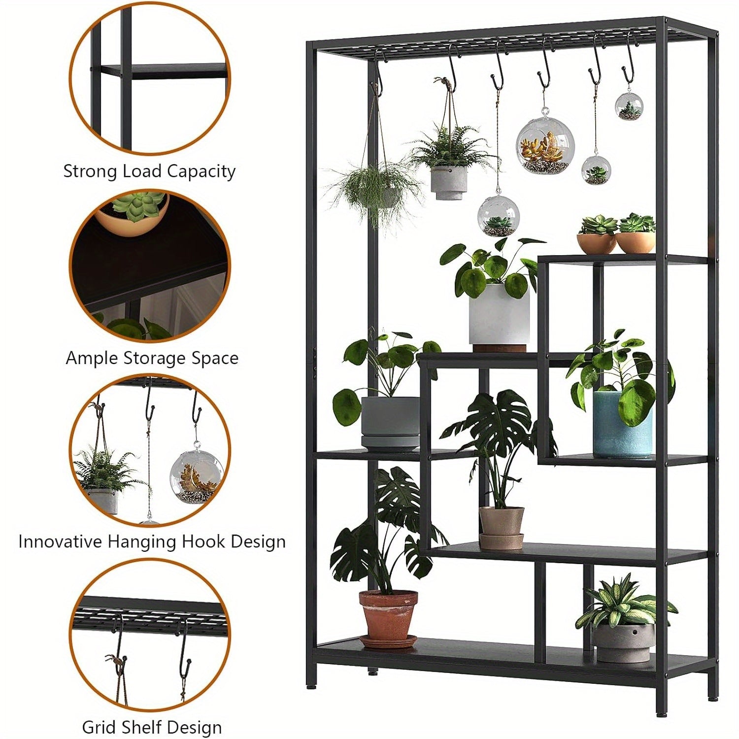 5-Tier Large Metal Plant Stand, 70.9 Inch Tall Indoor Shelf with 6 Hanging Hooks, Iron and Wood Flower Rack for Living Room, Balcony, Garden - Black, Plant Decor