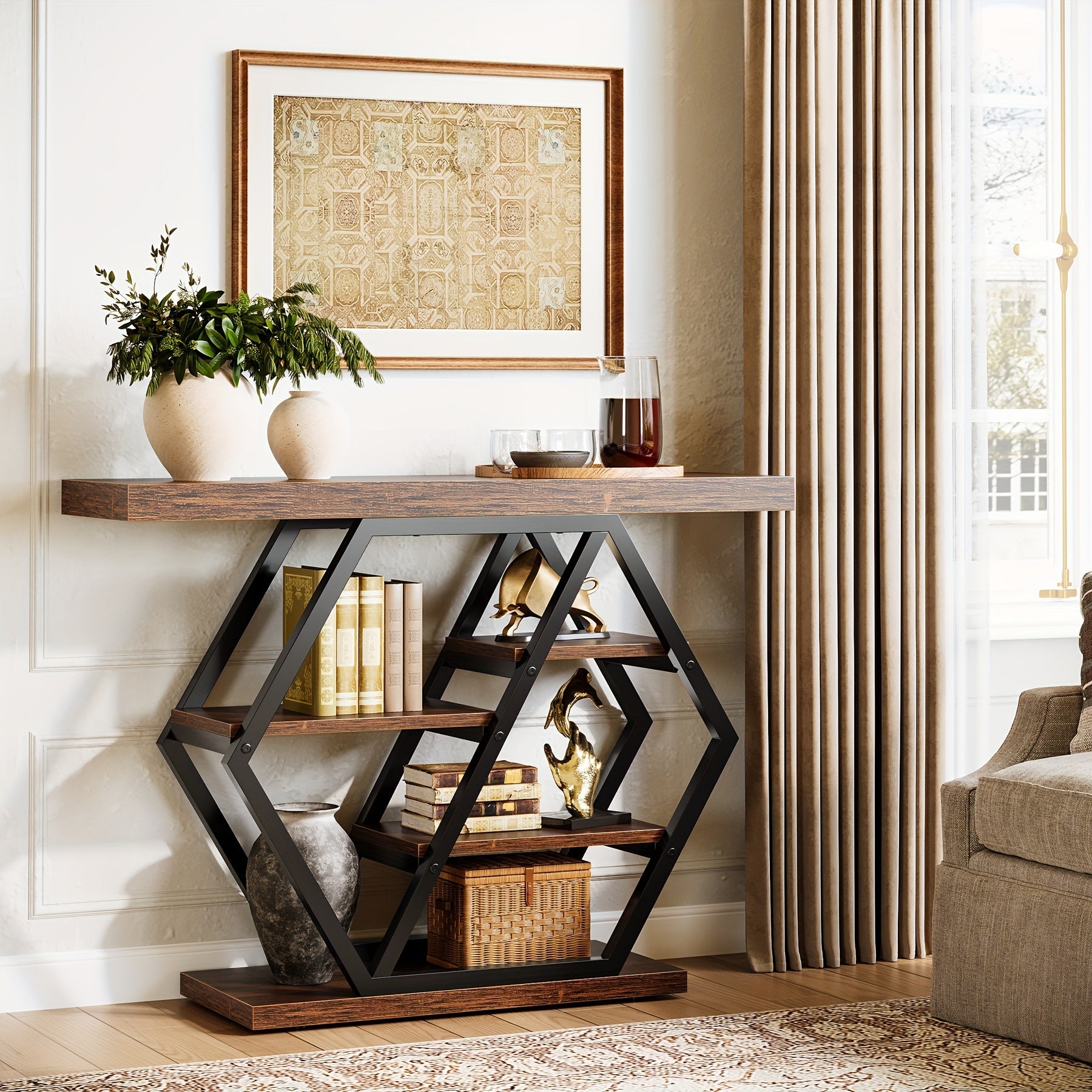 39.3'Brown Rectangle Wood Console Table, 5-Tier Sofa Table Storage Behind Sofa Entryway Couch Accent Wall Console Home