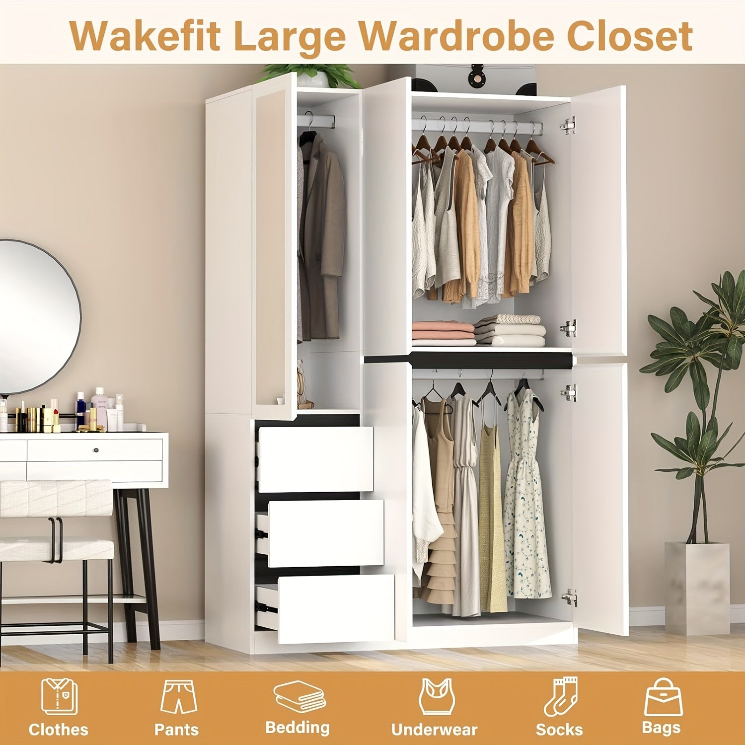 Five Door Armoire Wardrobe Closet With 3 Drawers & Mirror - Five Door Armoire Wardrobe - Wardrobe & Armoire’s Westberry