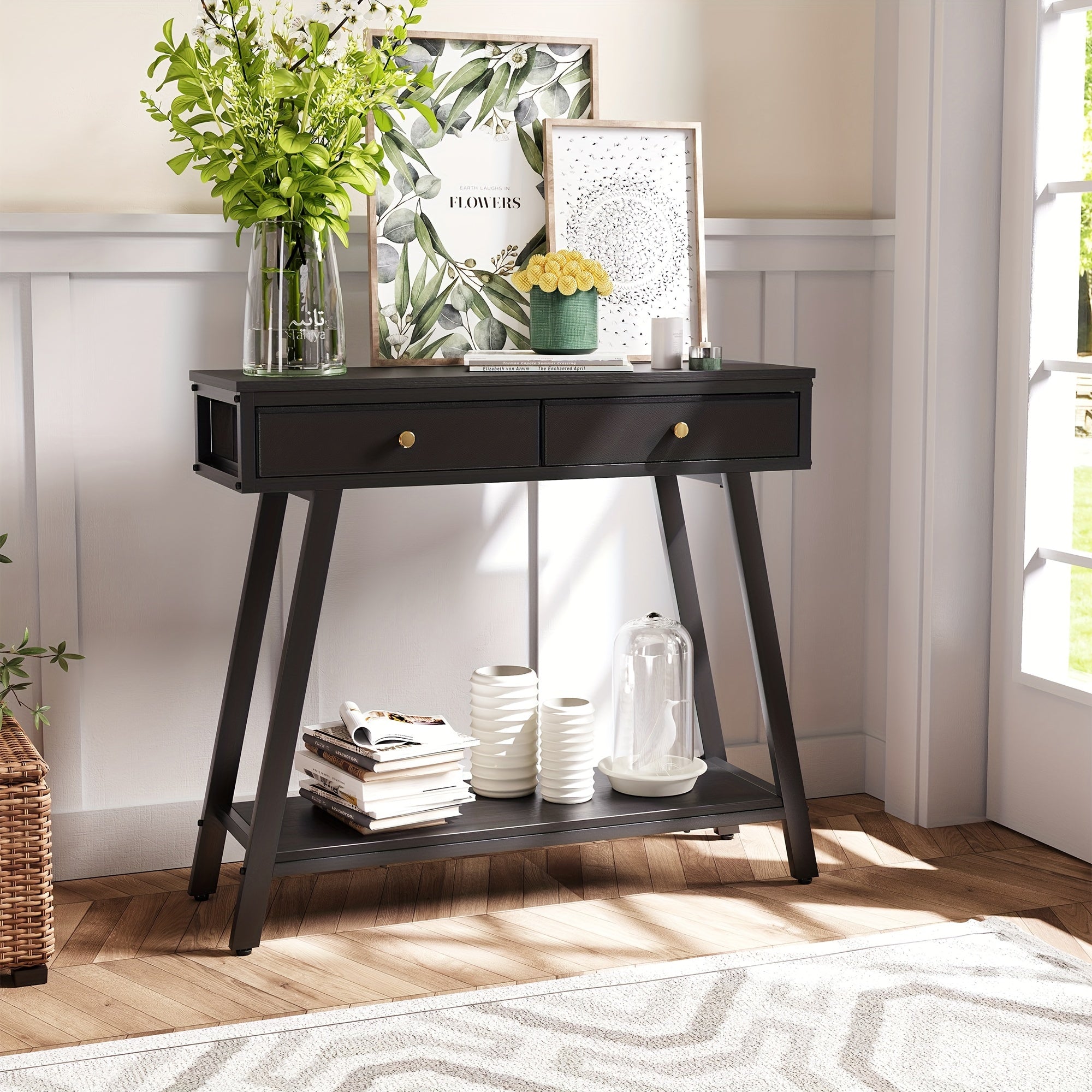 1pc Black 2-Tier Entryway Side Table, 2-Drawer Console Table