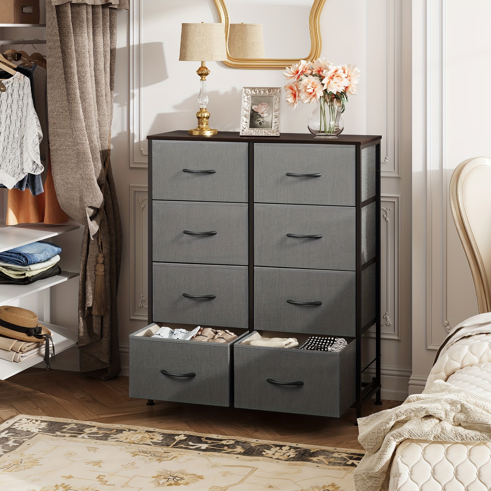 Fabric Dresser for Bedroom Tall Dresser with 8 Drawers Storage Tower with Fabric Bins Double Dresser Chest of Drawers