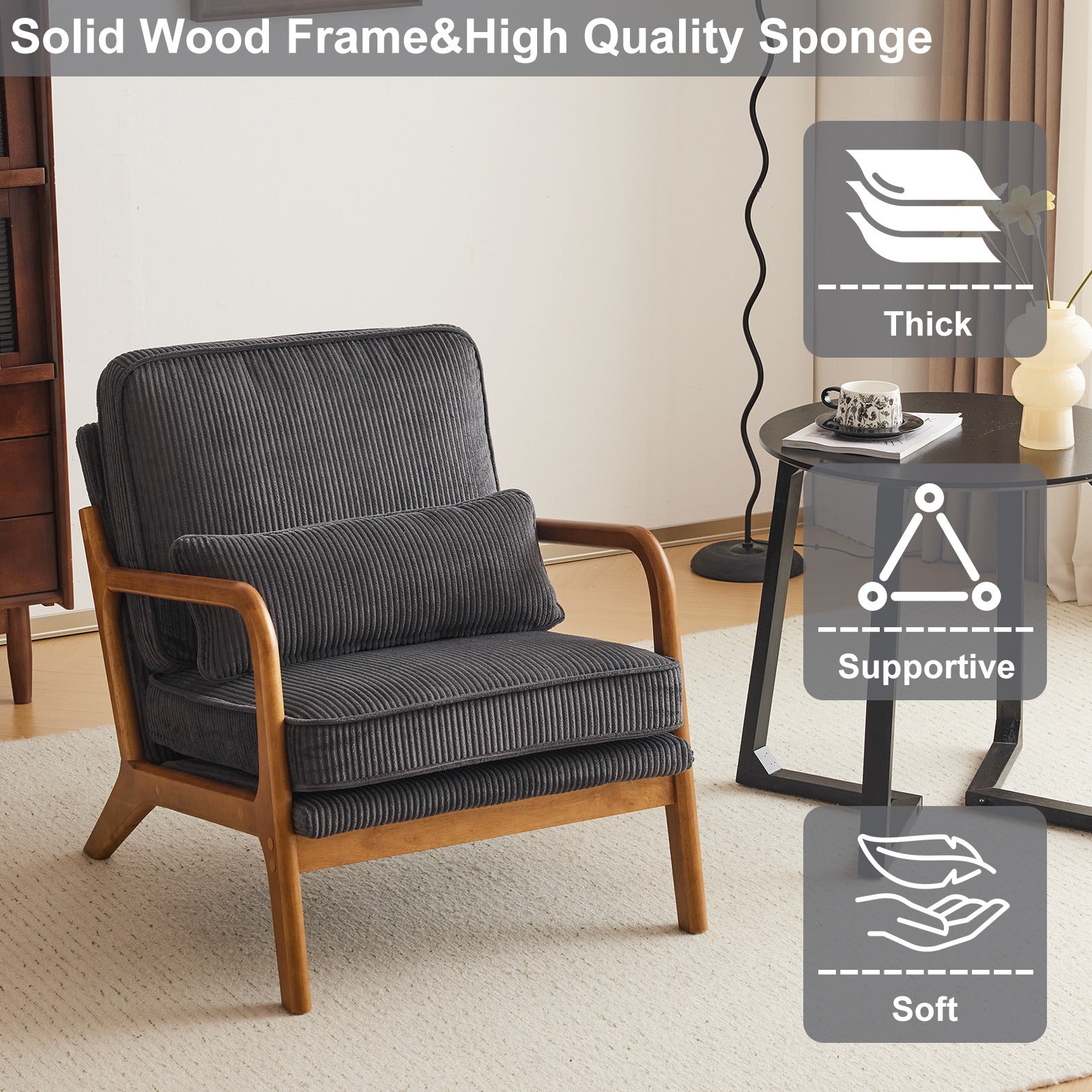 2-Pack Premium Corduroy Accent Chairs, Upholstered Arm Chair, Solid Wood Comfy Reading Chair with Lumbar Pillow, Mid Century Modern Chairs for Living Room,Bedroom