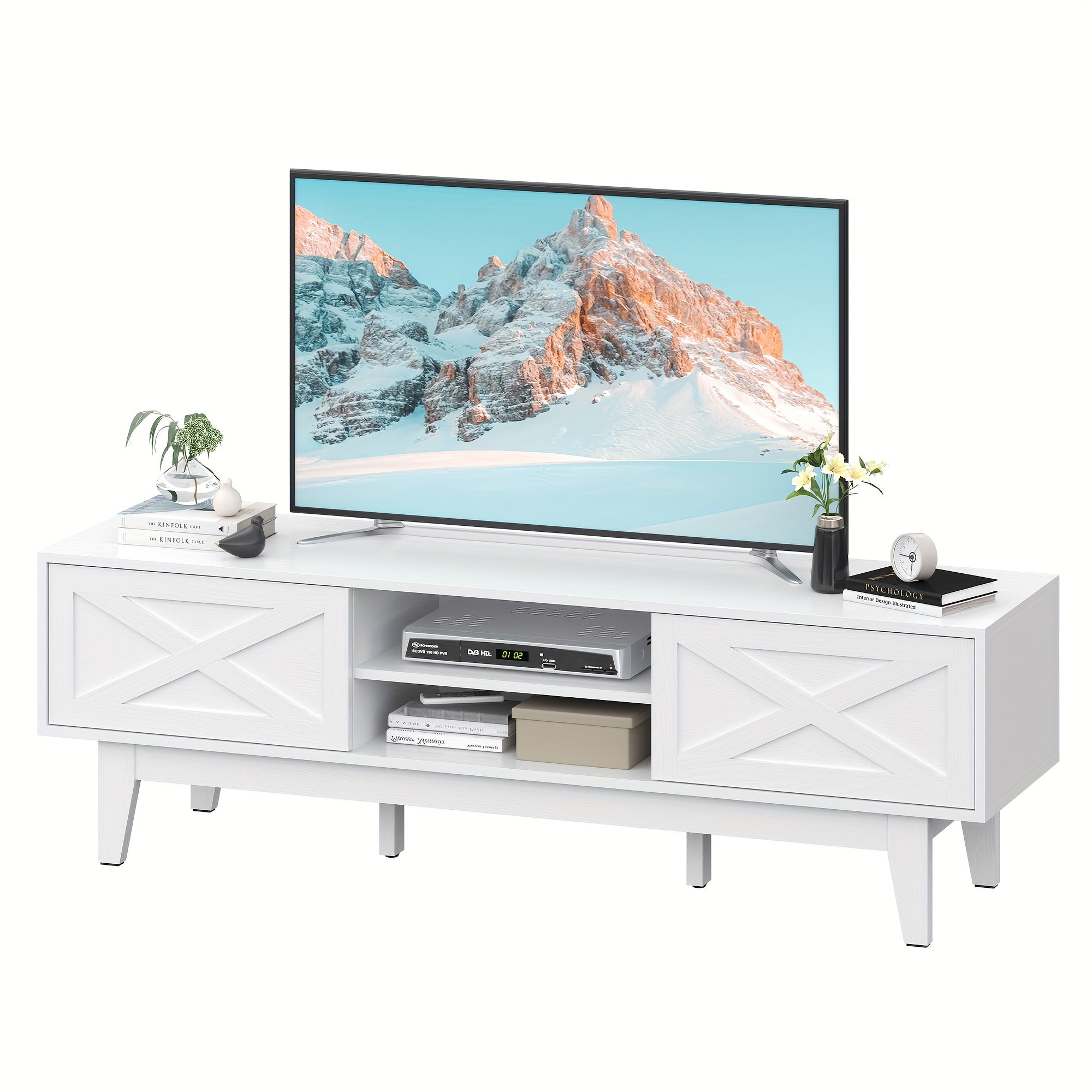 TV Stand for 55/60/65 Inch TV, Farmhouse Entertainment Center with Shelves, Cabinets and Sliding Doors, Rustic TV Media Console Table with Solid Wood Feet & Cord Holes for Living Room, Bedroom