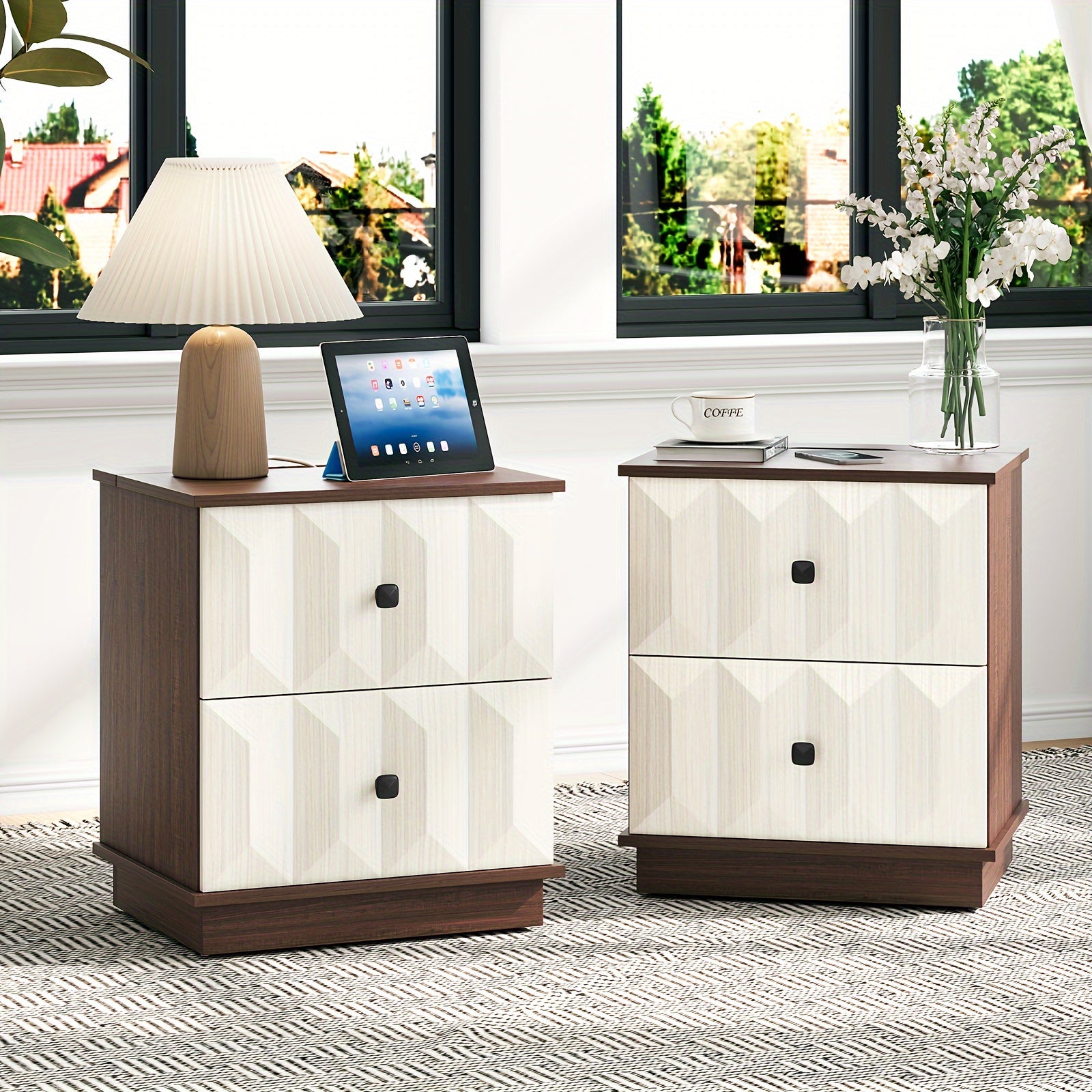 Modern Farmhouse Nightstand With Charging Station, Bed Side Table With 2 Drawers, End Tables Living Room, 19" Large Nightstand Wood For Bedroom