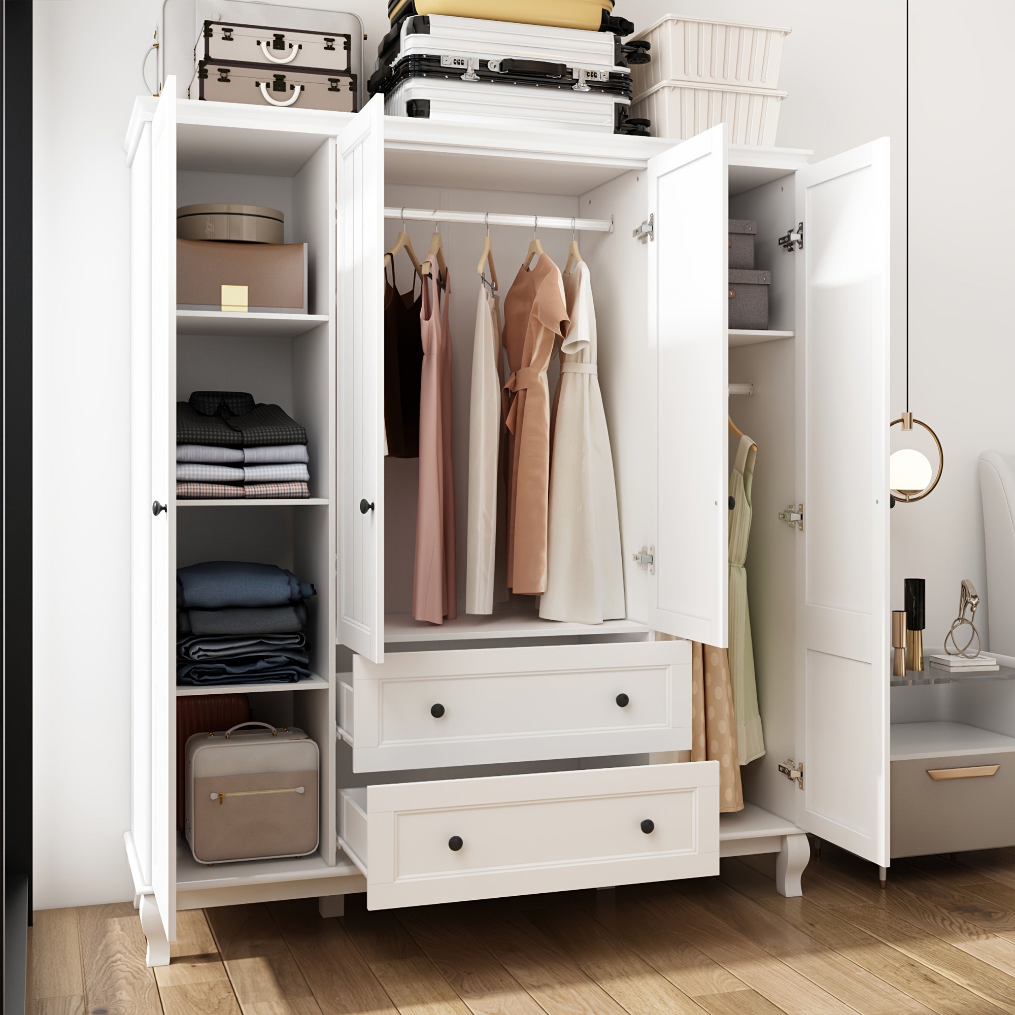 Spacious Modern White Wooden Wardrobe Armoire with 4 Doors & 2 Drawers - Elegant Storage Solution for Bedroom, Features Hanging Rods & Decorative Top Space, Durable MDF Construction