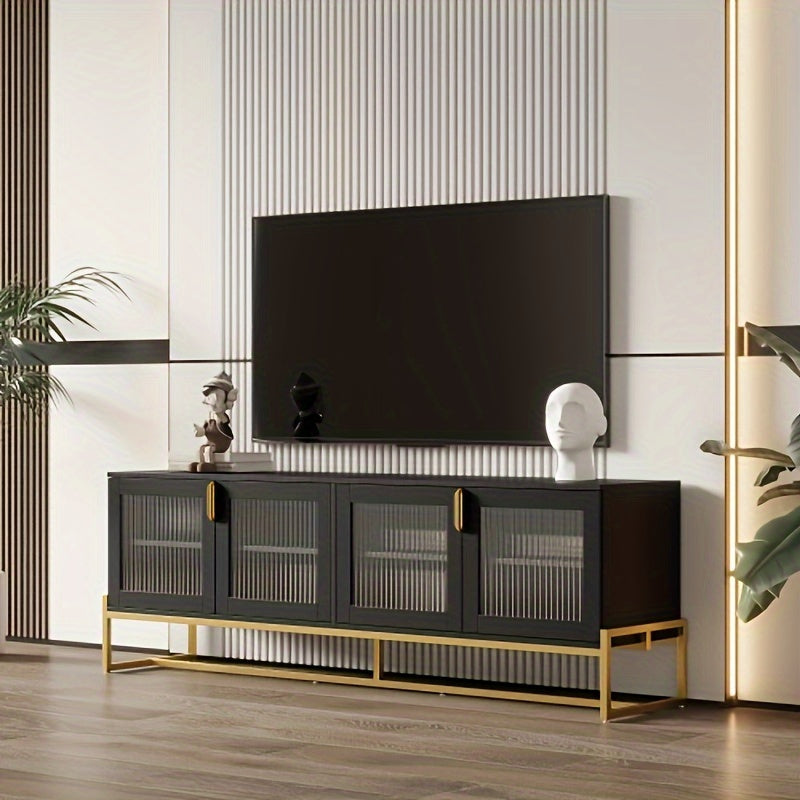 Black 70.87 inch TV cabinet. Entertainment center with shelves, wooden TV media console with sturdy metal legs, for living room