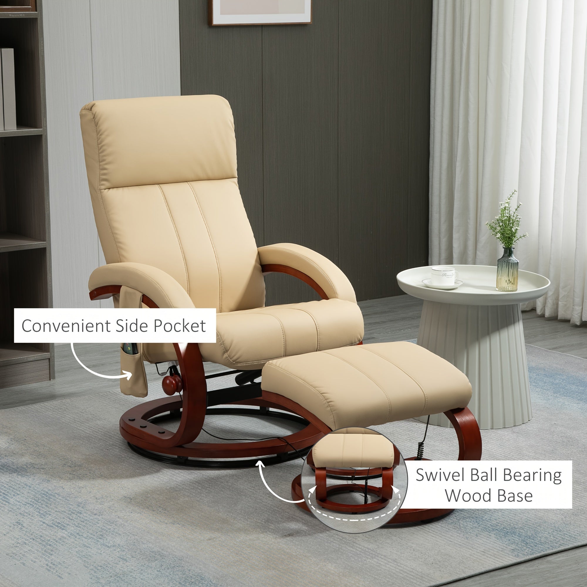 Recliner Chair with Ottoman, Electric Faux Leather Recliner with 10 Vibration Points and 5 Massage Mode, Reclining Chair with Remote Control, Swivel Wood Base and Side Pocket, Beige