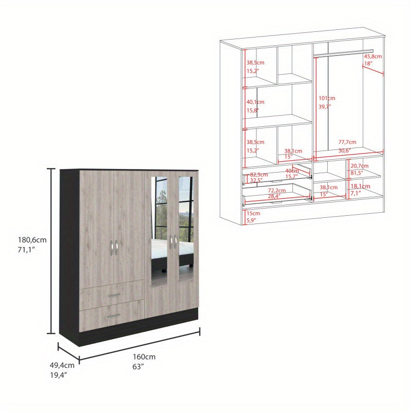 160" Armoire with Six Shelves, Two Double Doors & Dual Mirrors - Black & Light Gray Wardrobe for Bedroom or Hallway Storage, Clothing Storage|Classic Wardrobe Design|Functional Storage, Closet for Clothes