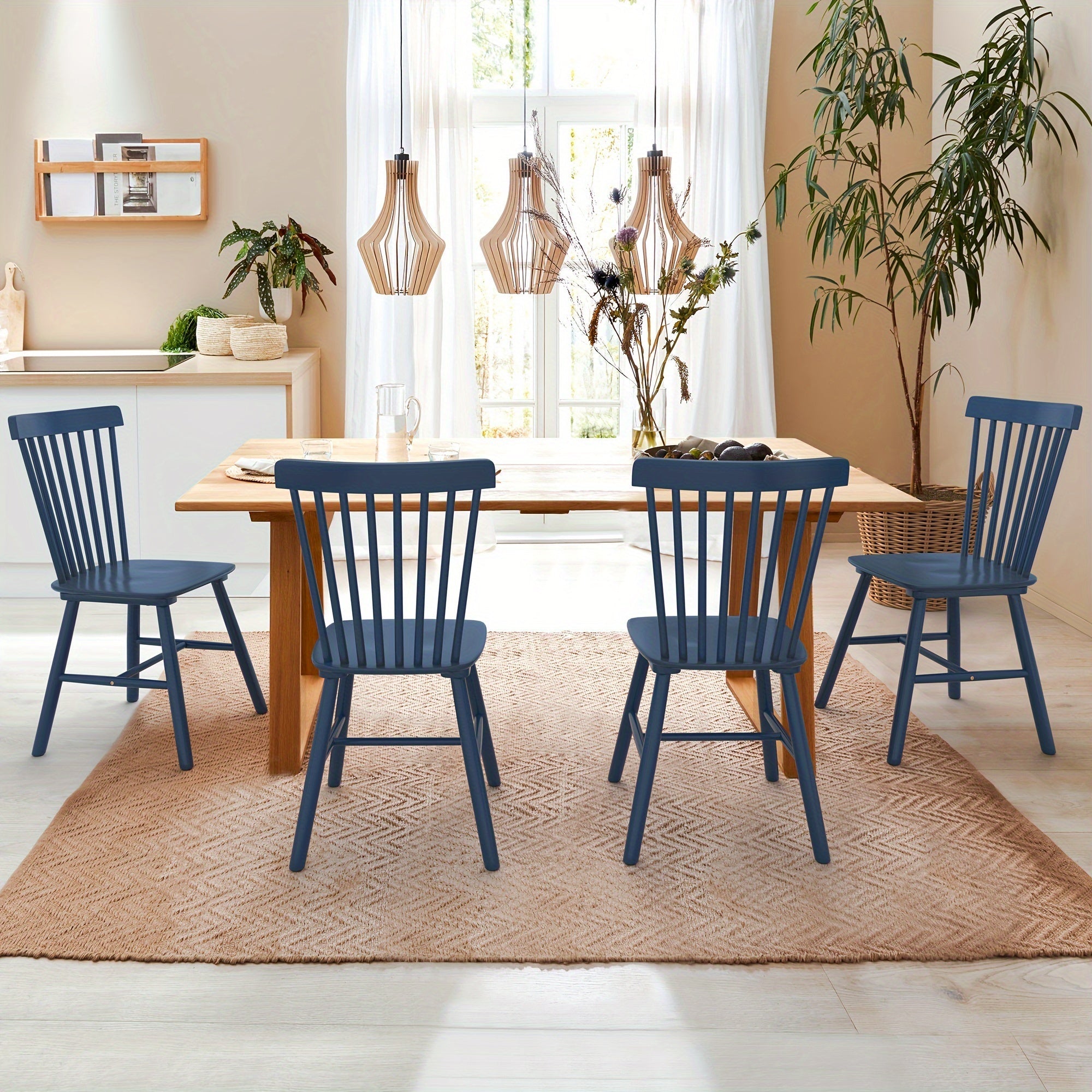 Dining Chairs Windsor Dining Chair Spindle Back Wood Dining Chair Kitchen Chairs Wooden Dining Chair, - Blue / 4pcs