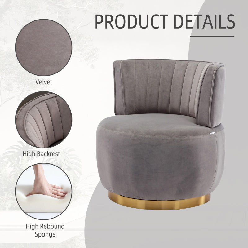 1pc 360 Degree Swivel Velvet Cuddle Barrel Accent Chair, High Backrest with Fluffy Sponge, Metal Base, Round Armchair for Living Room, Bedroom, Office, Waiting Room