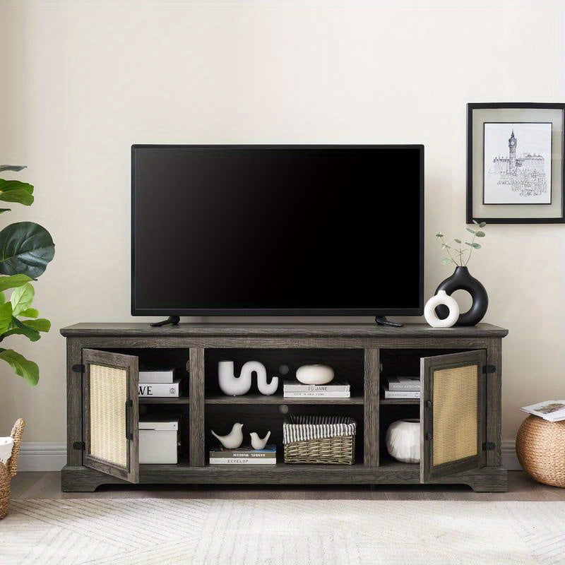 Farmhouse Rattan TV Stand Console Table for TVs up to 70 Inches, TV Console Table with 2 Storage Shelves, 2 Natural Rattan Door Cabinets, 65"Wx15.55"Dx23.86"H, Gray