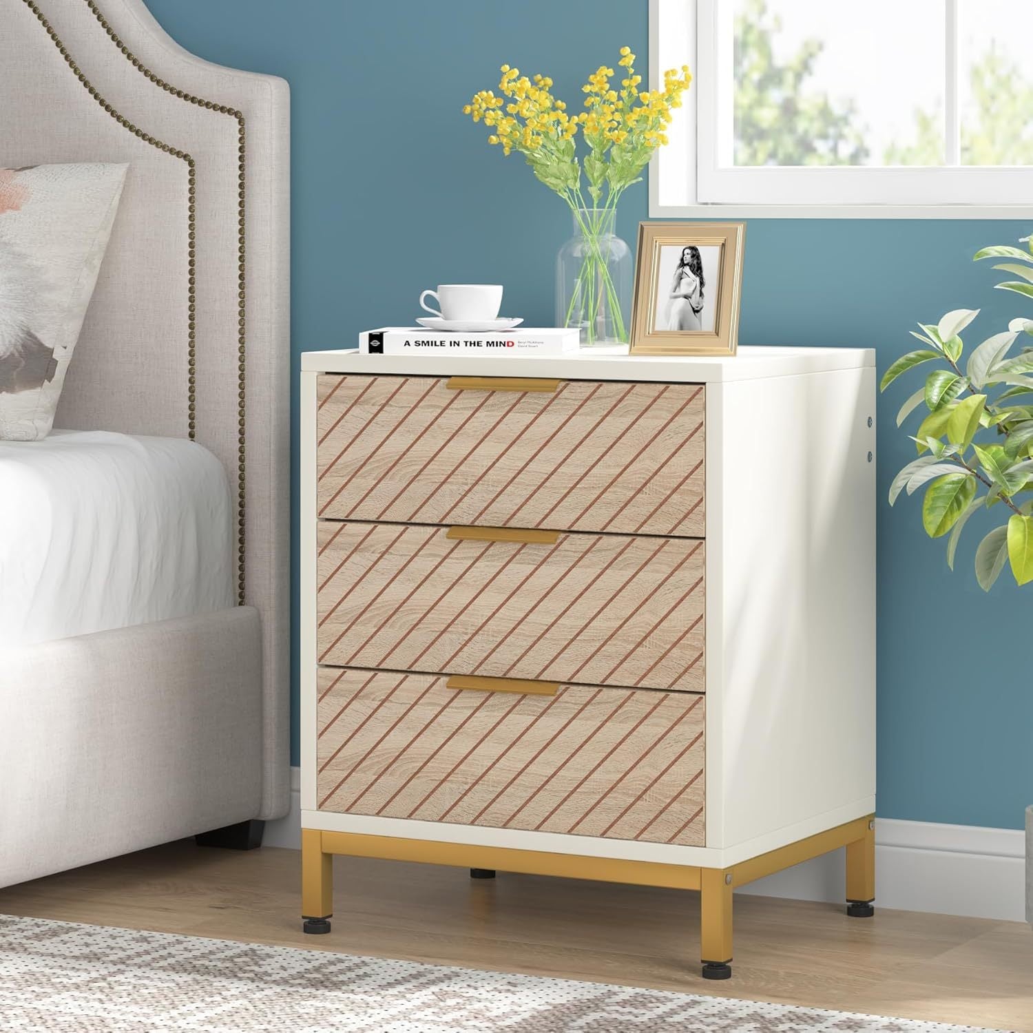 Elegant White & Golden 3-storage compartment Nightstand, Adjustable Feet, Spacious Storage for Bedroom Essentials, Box, Cabinet, Rack for Outdoor Storage