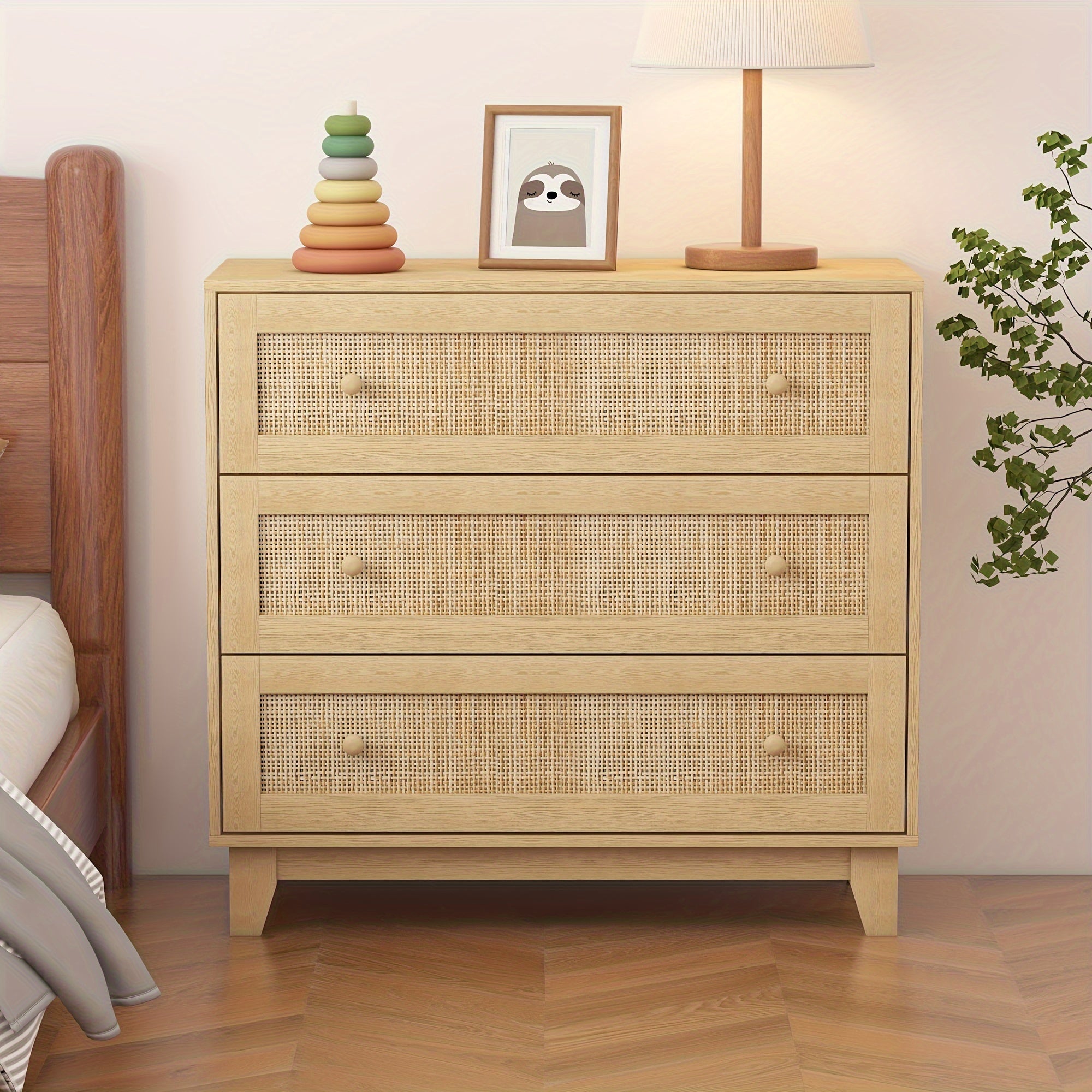 Rattan Dresser with 3 Drawers, Storage Organizer with Drawers, Natural Wooden Dresser, Boho Nightstand, Modern Chests of Drawers for Bedroom, Living Room, Entryway, Hallway