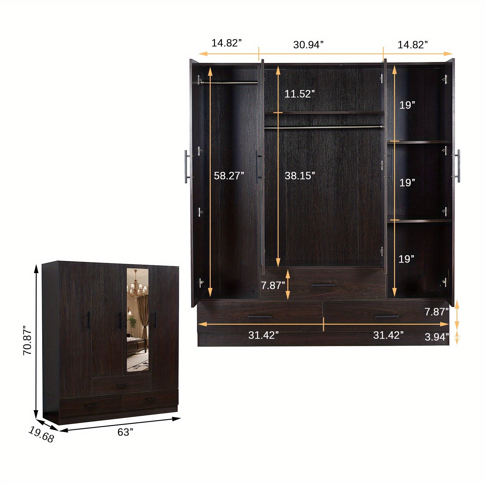 4-Doors Walnut Freestanding Wardrobe Armoire Closet, Modern Bedroom Organizer Storage Cabinet with Hanging Rod Shelves Drawers for Clothes