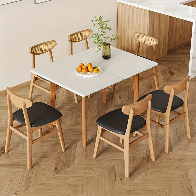 Table And Chair Set, 4 Or 6 Chairs And A Foldable Table, White Sintered Stone Tabletop, Rubberwood Legs, Foldable Computer Desk, Foldable Desk. Solid Wood Dining Chair With Small Curved Backrest And PU Cushions.