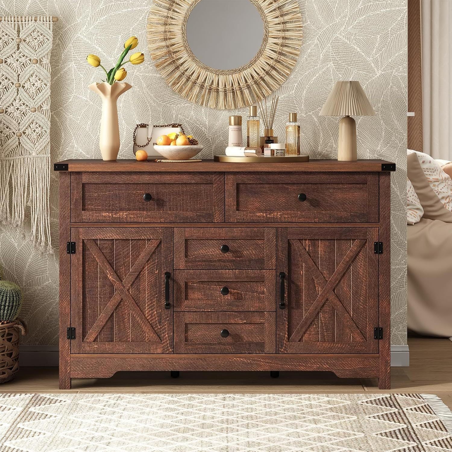 Solid Wood Farmhouse Dresser Chests for Bedroom with 5 Drawers & 2 Barn Doors Tall Chest of Drawers Rustic Dresser TV