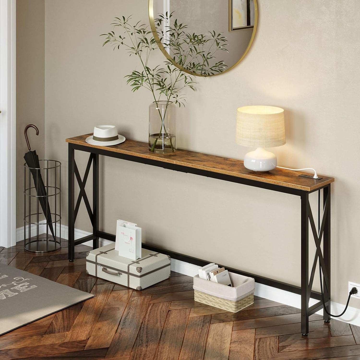 55.1/70.8 Inch Console Table with Outlet, Sofa Table with Charging Station, Industrial Entryway Table, Narrow Entryway Table, Skinny Hallway Table, Behind Couch Table, Behind Couch Table for Entryway, Hallway, Foyer, Living R