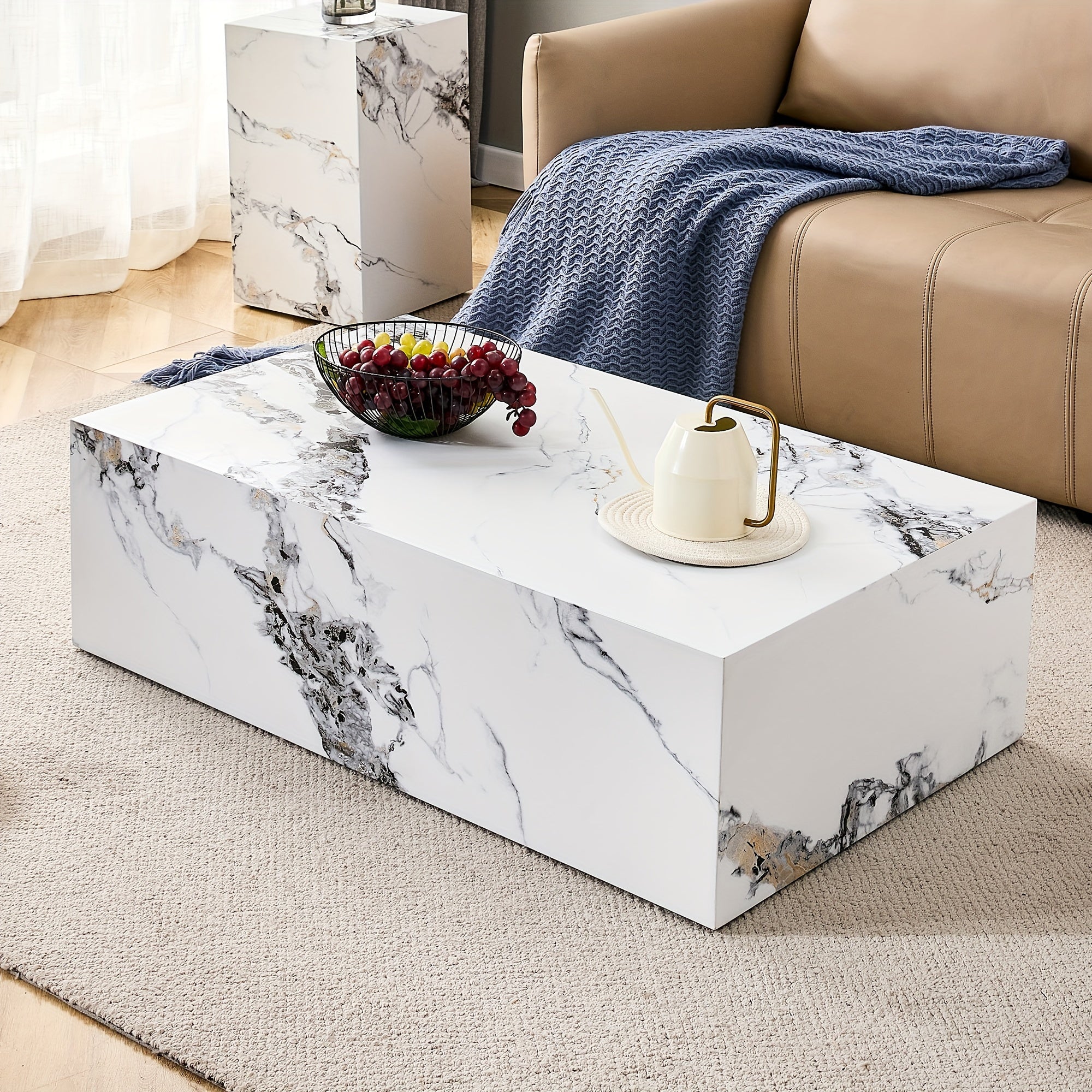 40 Inch Modern Coffee Table With Marble Pattern, Tea Table With Stylish And Durable Design For Living Room, Dining Room And Bedroom (White).