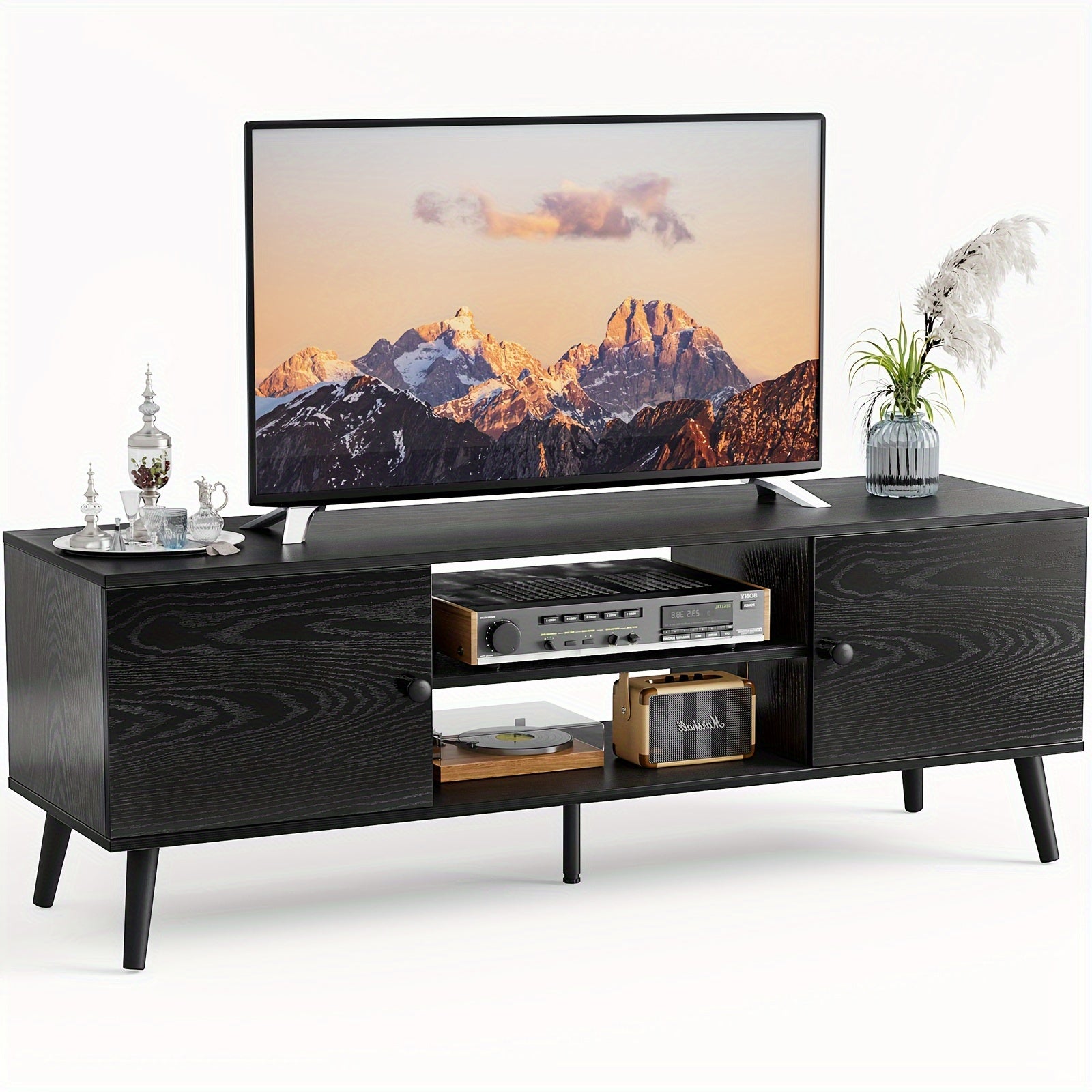 1pc Mid-Century Modern TV Stand with Cable Management Hole, Hardwood and Artificial Board Construction, Spacious Storage for Home and Office Use