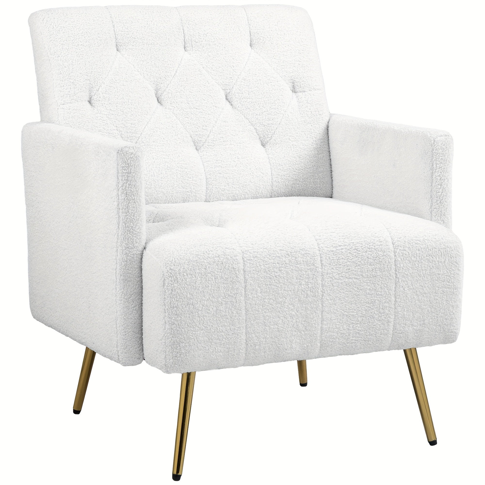 Modern Sherpa Accent Chair, Upholstered Tufted Armchair with Golden Steel Legs, Fabric Reading Chair, Comfy Living Room Chairs, White