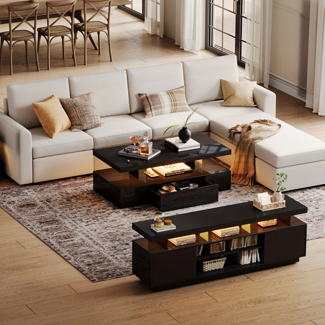Modern LED TV Stand Console For 50/55/60/65 Inch TVs High Glossy Entertainment Center With 2 Storage Cabinets For Game