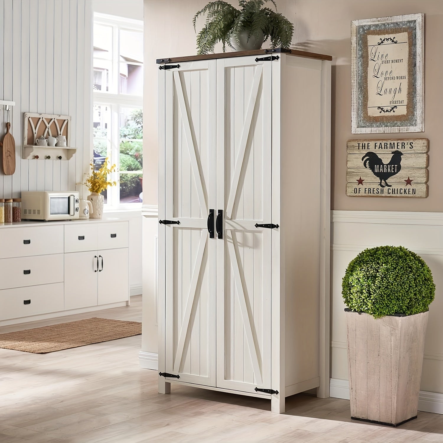 Storage Cabinet, 32'' Farmhouse Armoire W/Adjustable Shelves, Rustic Pantry W/2 Barn Doors & Hanging Rod, Versatile Storage For Kitchen, Bathroom, Laundry, Or Utility Room