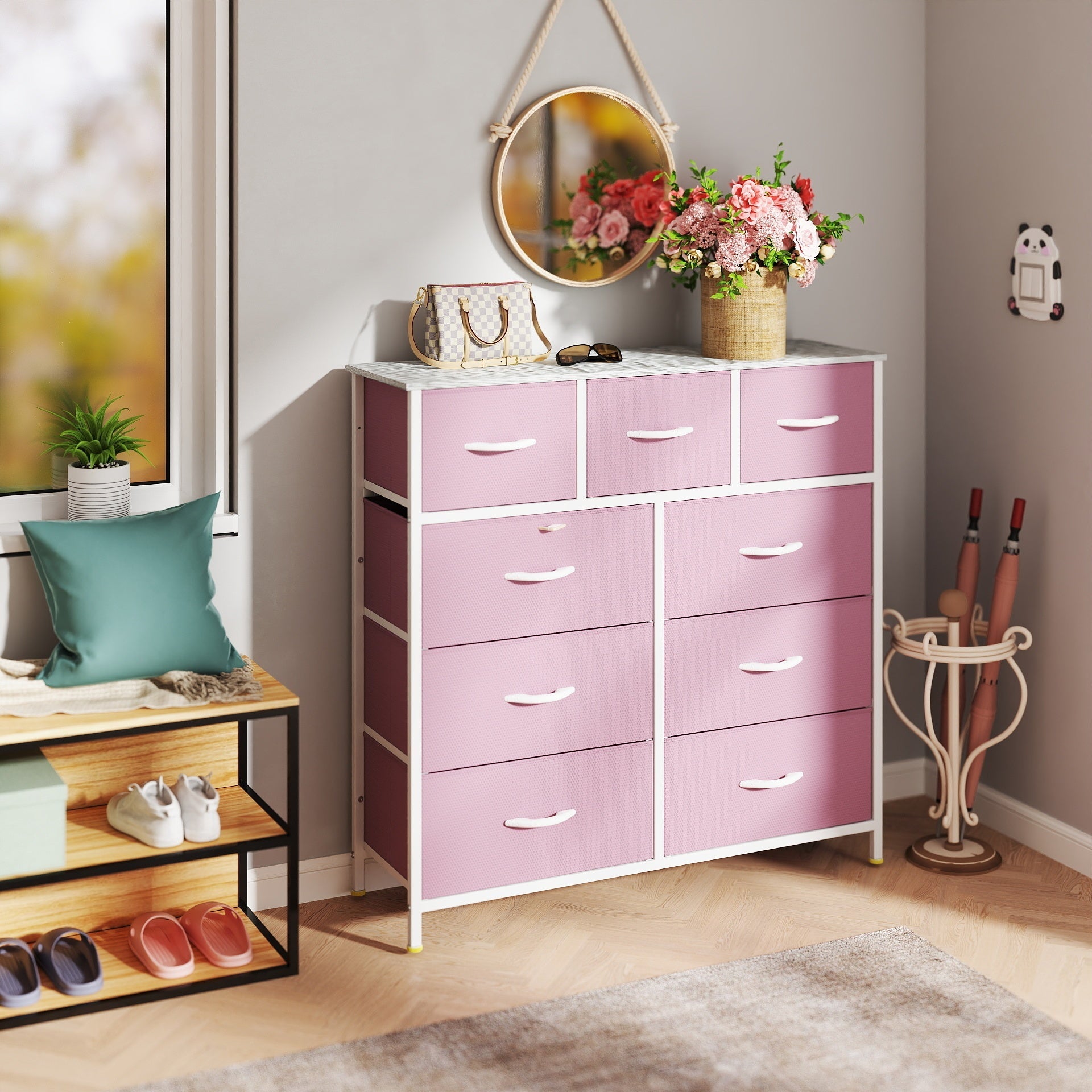 1pc Boho Style Pink Fabric Dresser with 9 Drawers - Sturdy Steel Frame, Hardwood Top, Easy Pull Bins - Independent Storage Cabinet for Bedroom, Living Room, Closet - ≥3.2 Cubic Feet Capacity