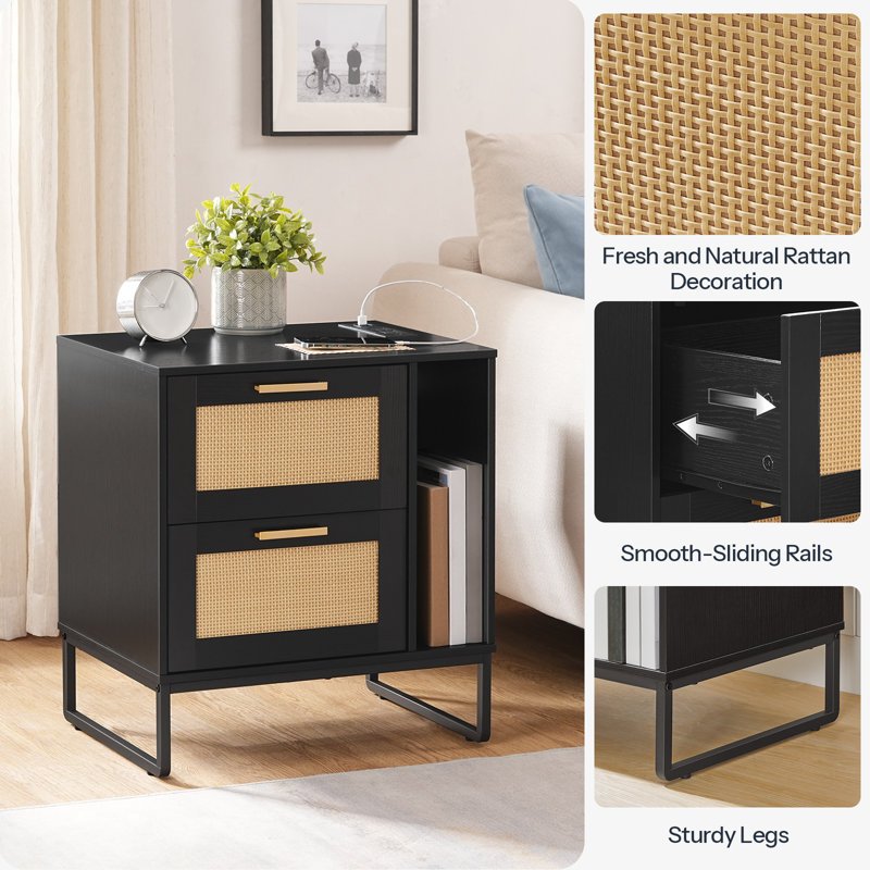 Bedside table with charging station, side table with rattan decoration drawers, modern side table with 2 drawers, fashionable sofa side table, multiple charging ports, metal legs, sofa bedside table, bedroom bedside table, st