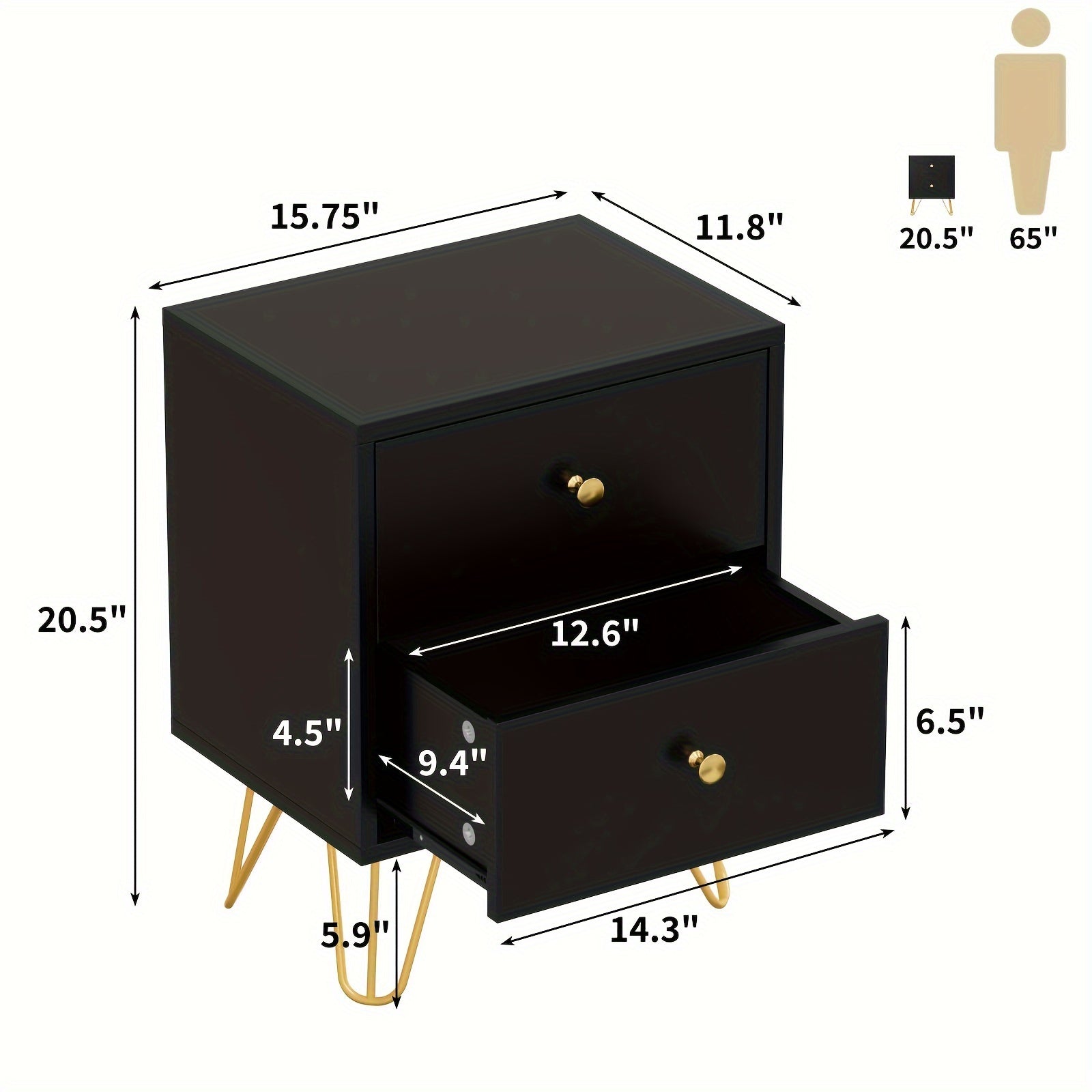 Set of 2 White Nightstands with Golden Metal Legs - Contemporary Double Drawer Bedside Tables, Lockable, 3.2+ Cubic Ft Storage, for Stylish Bedroom & Living Room Decor, Bedroom Decor And Accessories