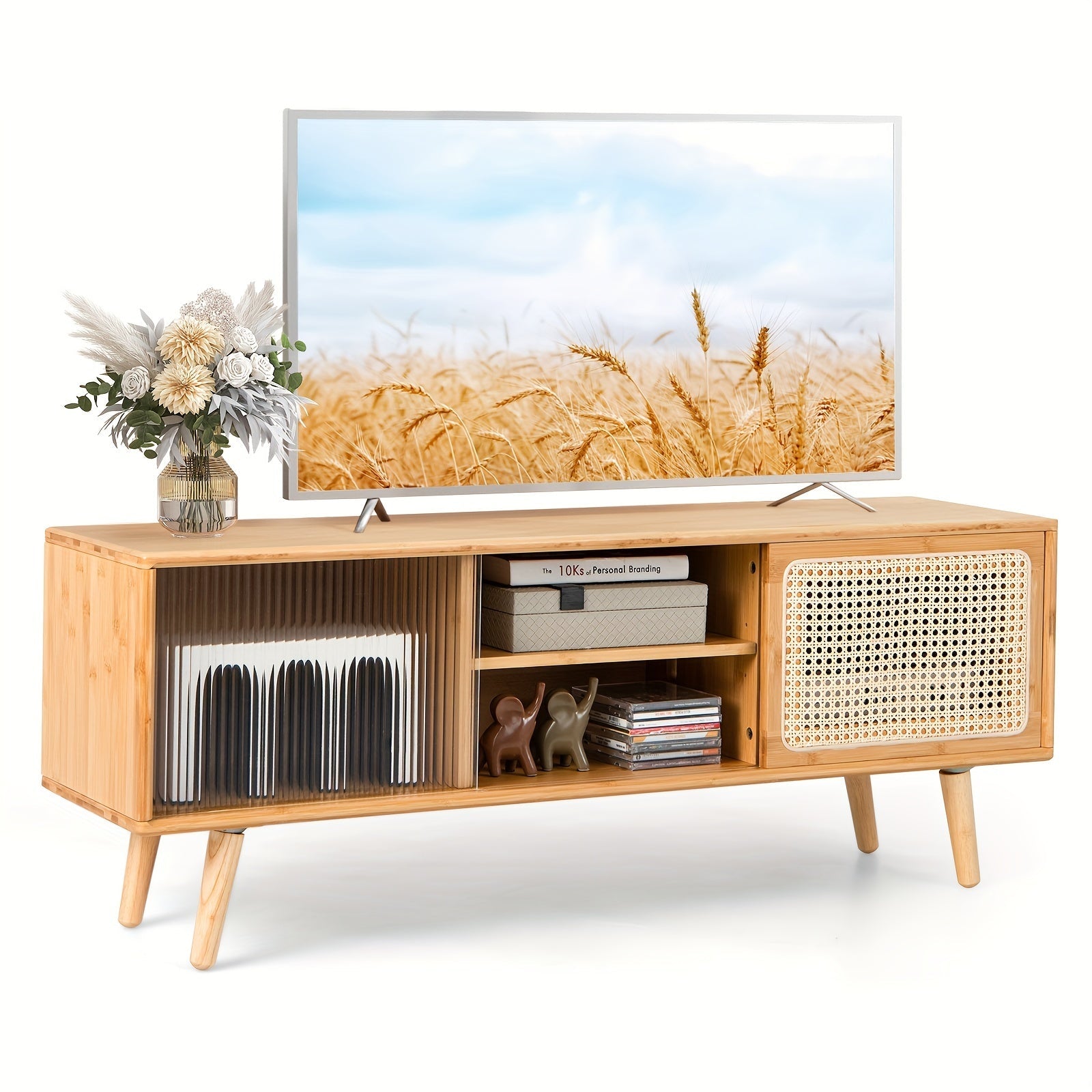 1pc Modern TV Stand, Entertainment Center Media Console W/Rattan Glass Sliding Doors