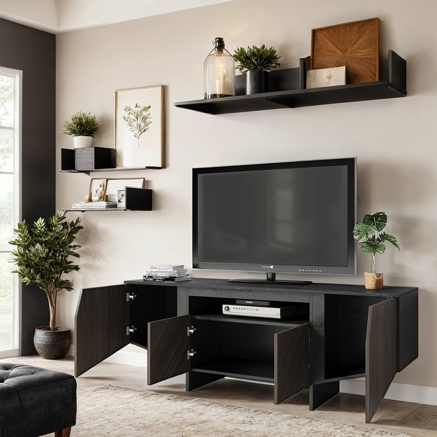 1 Piece Modern Creative 4 Door TV Cabinet With Plenty Of Storage Space, Black And Walnut Finish, Suitable For Living Room, Space Saving Design, Durable Structure, Easy To Assemble