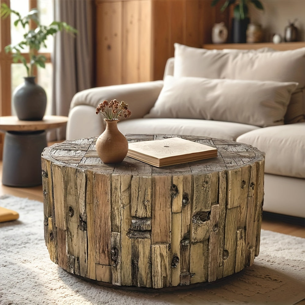 50cm Farmhouse Barrel Shaped Round Coffee Table For Indoors And Outdoors, Round Coffee Table For Living Room, Small Side Table Tea Table End Table