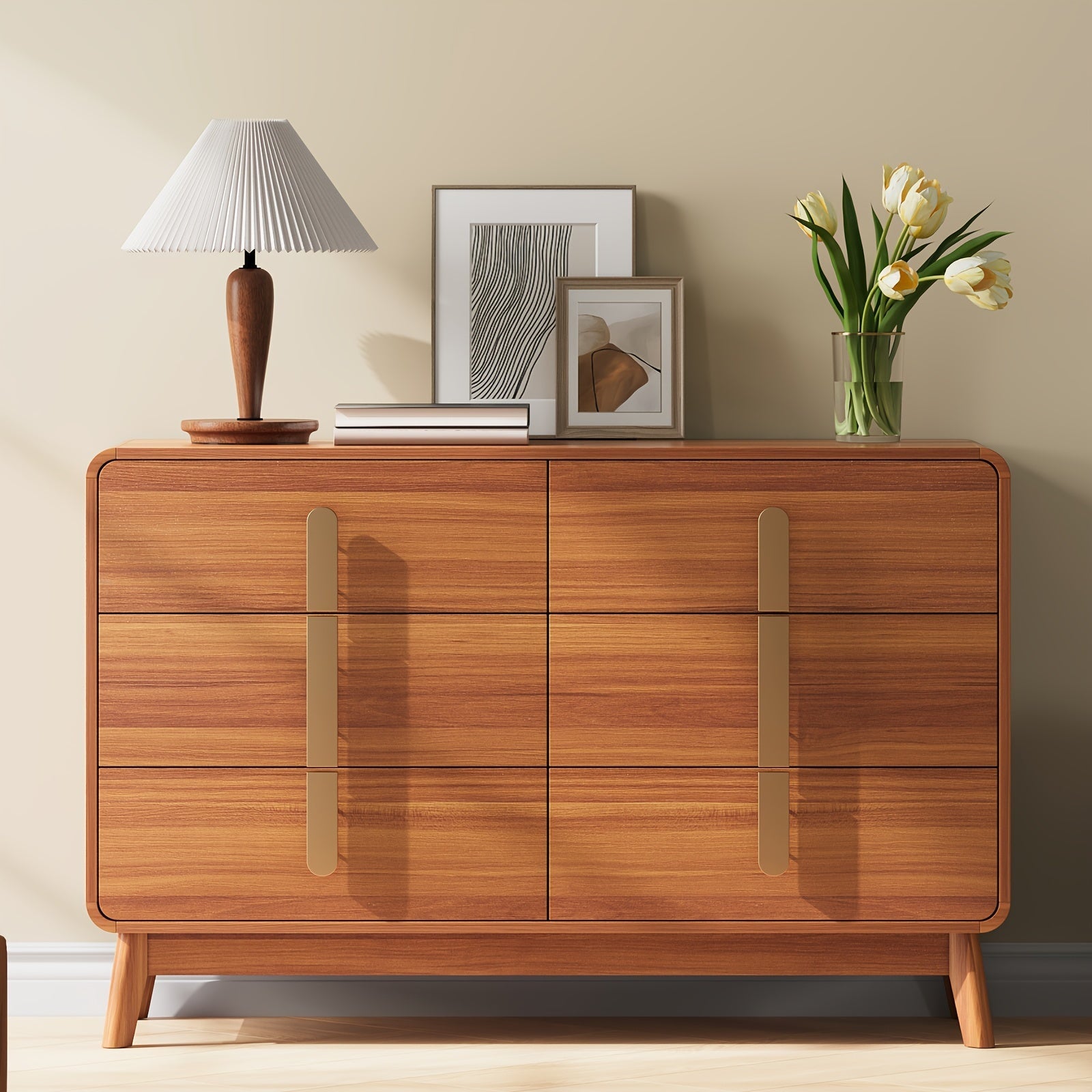 Mid-Century Modern 5/6 Drawer Dresser - Cherry Wood Finish 47.2’’ Tall with Metal Handles for Bedroom Living Room &