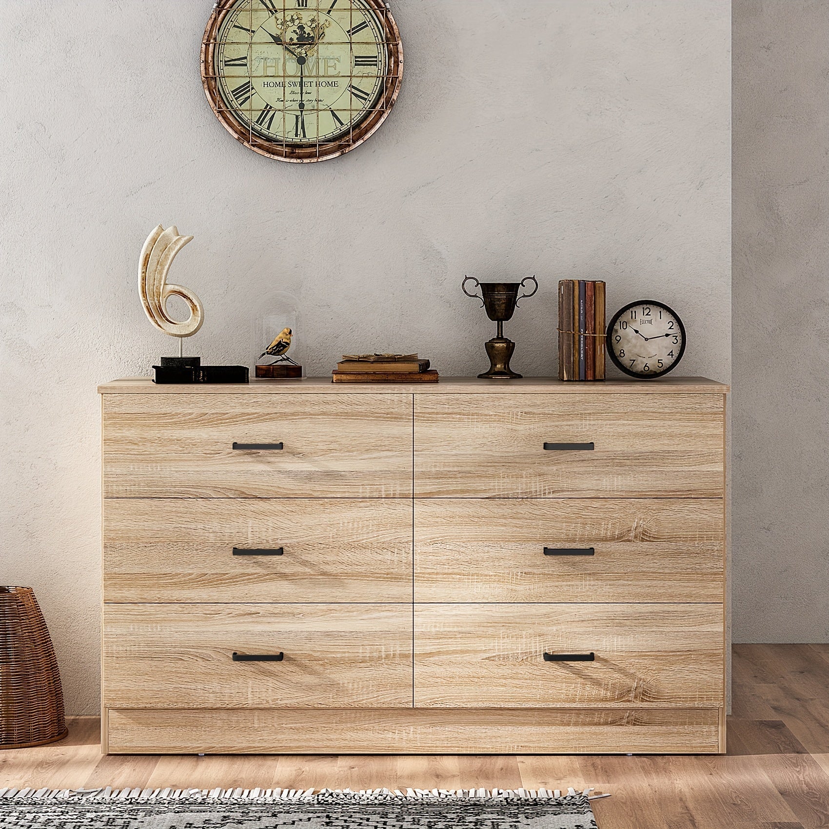 Wood Dresser for Bedroom, 6 Drawer Dresser with Metal Handles, 15.8" D x 47.2" W x 27.7" H, Light Oak