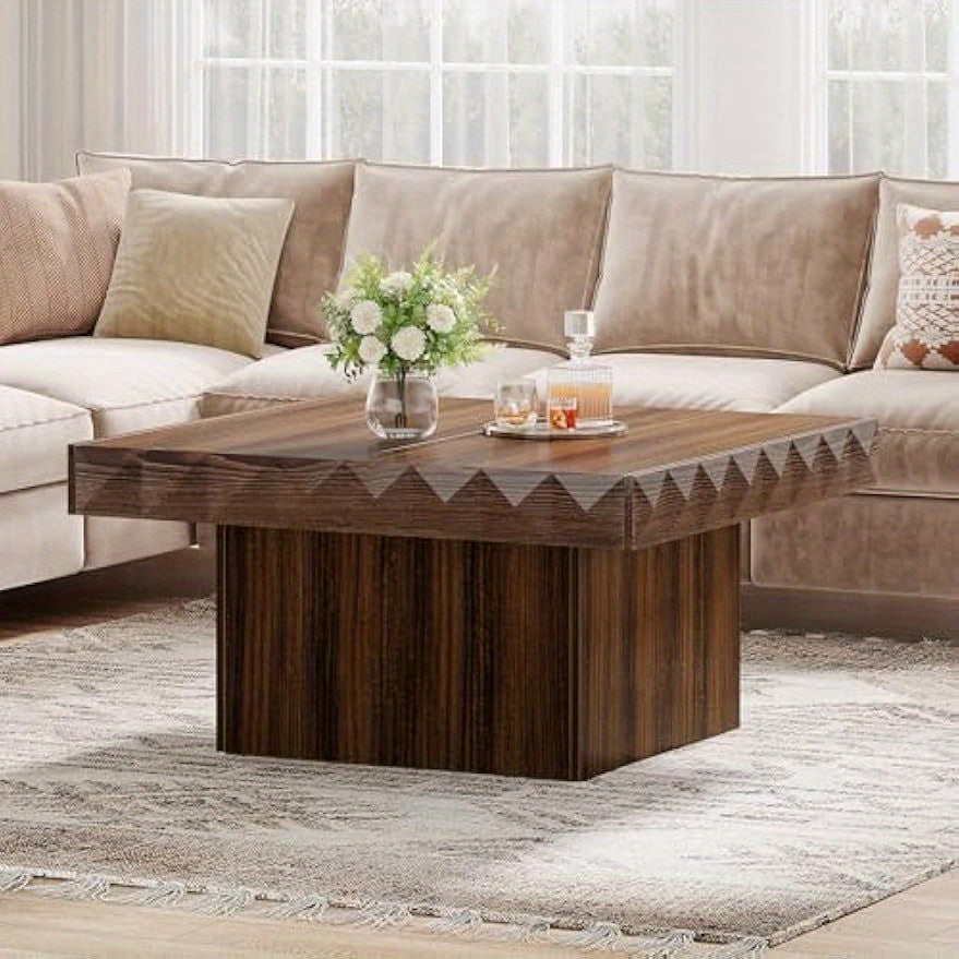 Square Coffee Table for Living Room, 35.4-Inch Wooden Coffee Table with Thickened Tabletop, Modern Center Table Cocktail Table Tea Table, Walnut