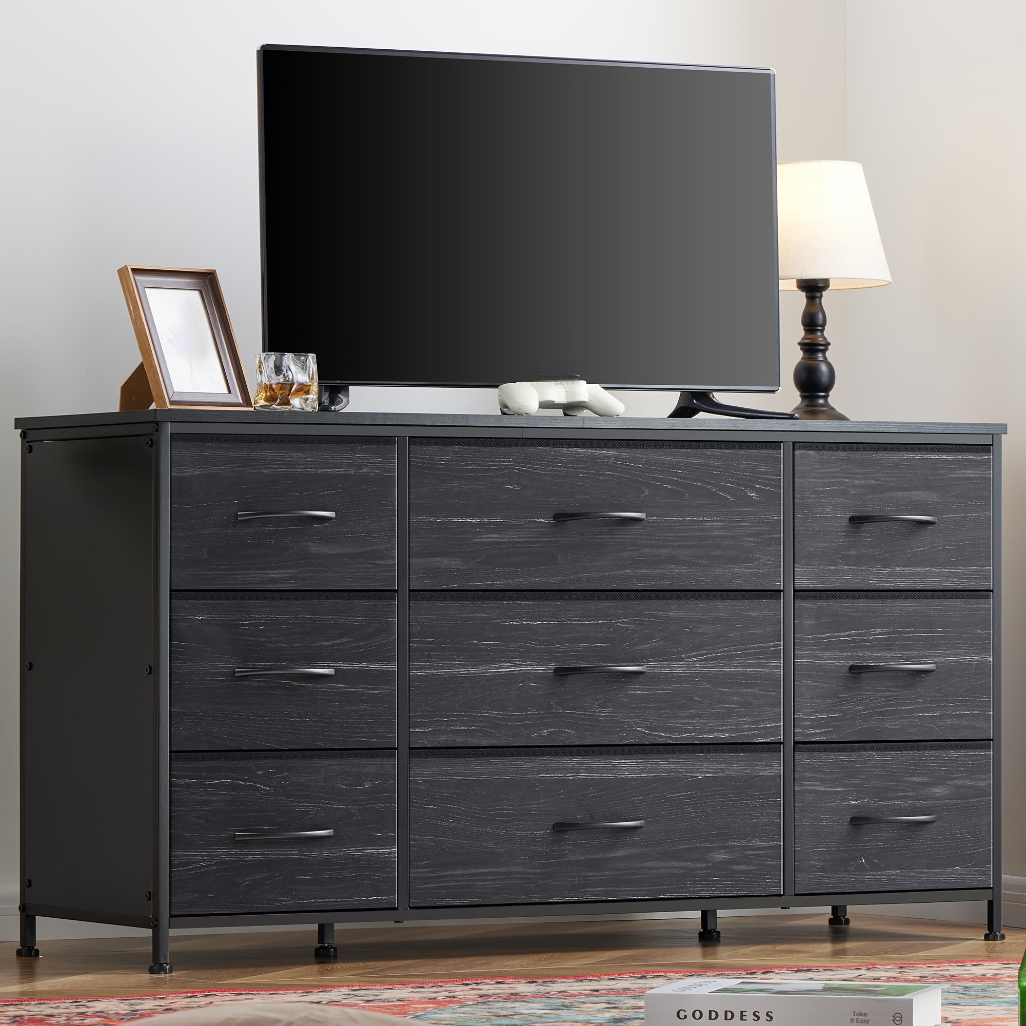 Spacious 9-Drawer Dresser TV Stand in Charcoal Black - Sleek Metal Frame & Wood Top Ideal for Bedroom or Living Room