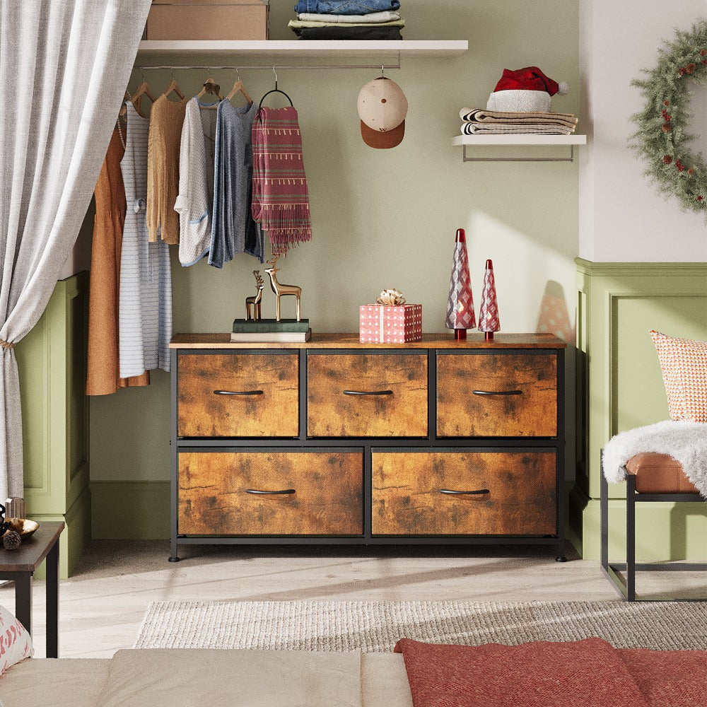 Dresser for Bedroom with 5 Drawers, Wide Chest of Drawers, Fabric Dresser, Storage Organizer Unit with Fabric Bins for Closet, Living Room, Hallway