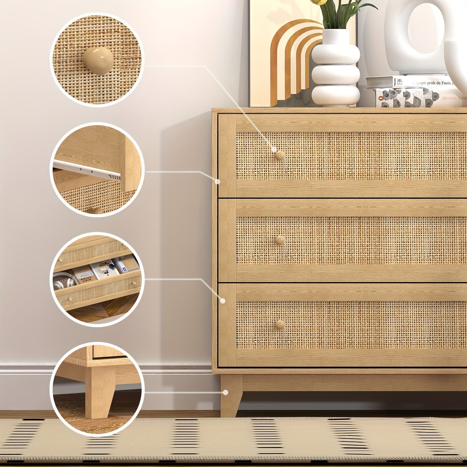 Rattan Dresser For Bedroom 3 Drawer, Storage Organizer With Drawers, Natural Wooden Dresser, Boho Nightstand Modern Chests Of Drawers For Bedroom, Living Room, Entryway, Hallway