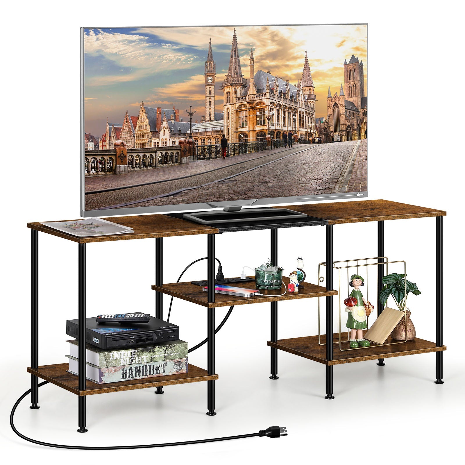 1pc Modern TV Stand for Up to 50-inch Screens - Metal and Hardwood Media Console with Storage, Power Outlets, and Adjustable Feet - MDF and Fiberboard Entertainment Center for Living Room or Bedroom