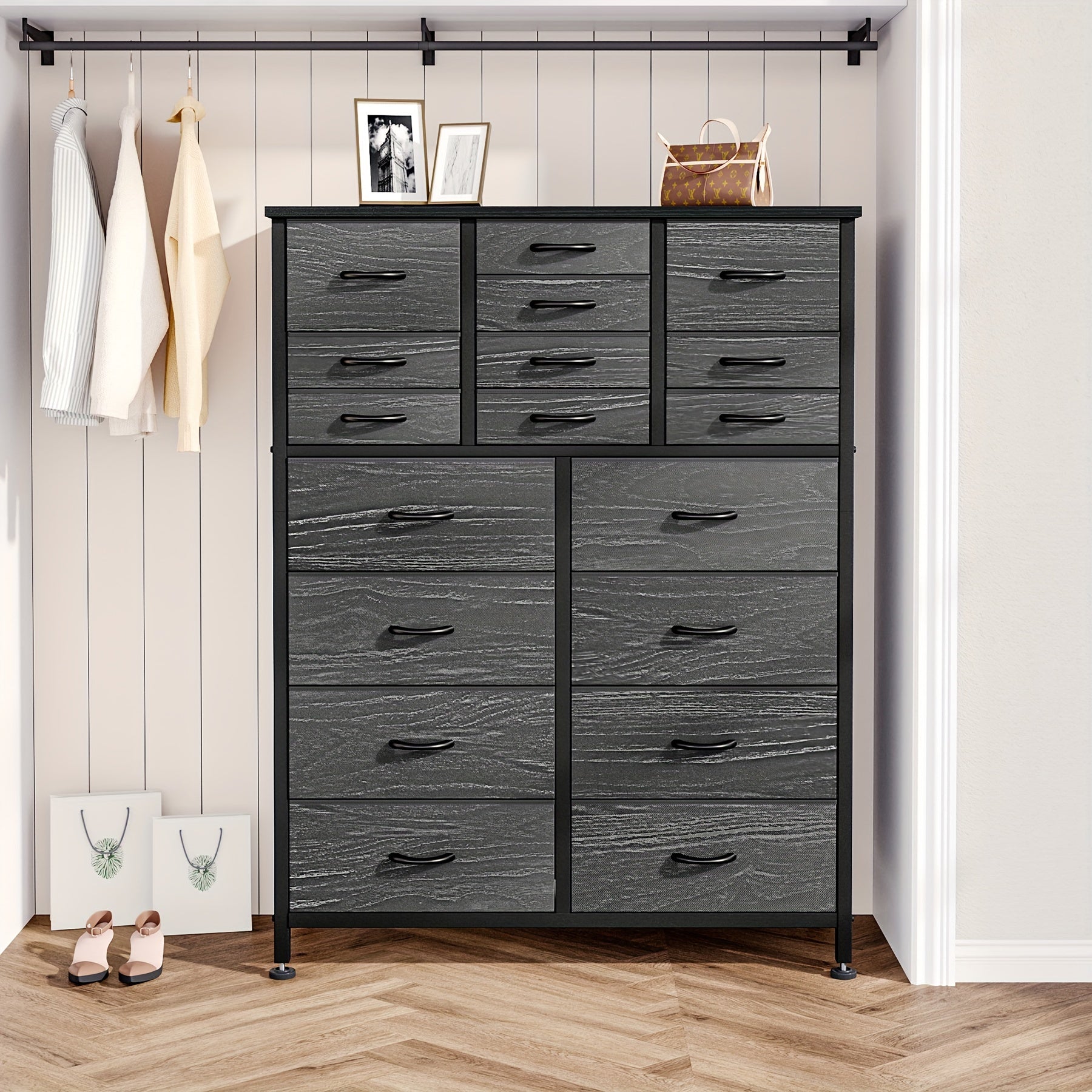 Dresser for Bedroom Tall Dresser Chests of Drawers with 18 Fabric Drawers Wood Top for Closets Living Room - Dresser