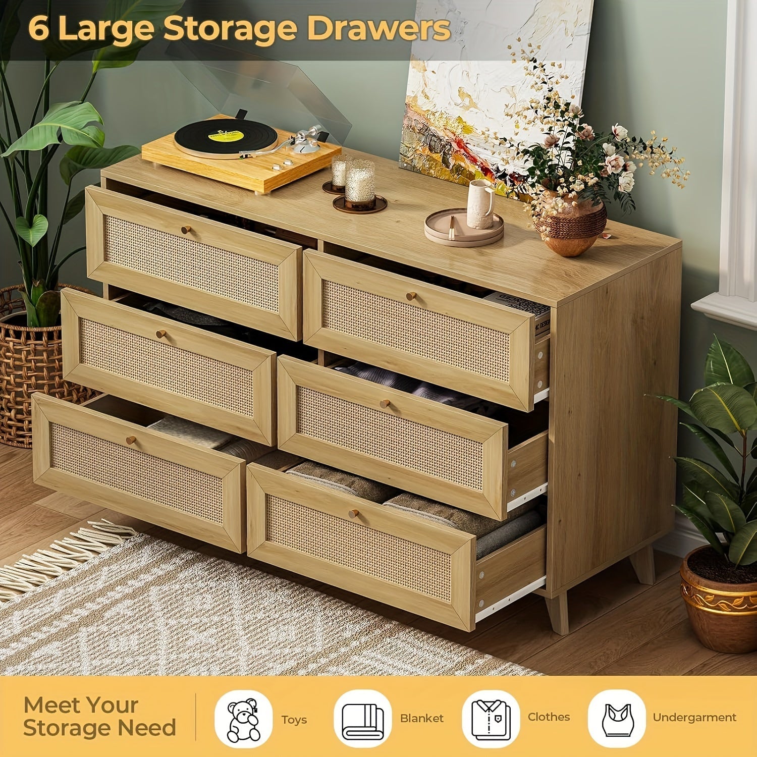 6 Drawer Rattan Dresser For Bedroom Modern Wide Storage Cabinet Living Room Chest Of Drawers Nature