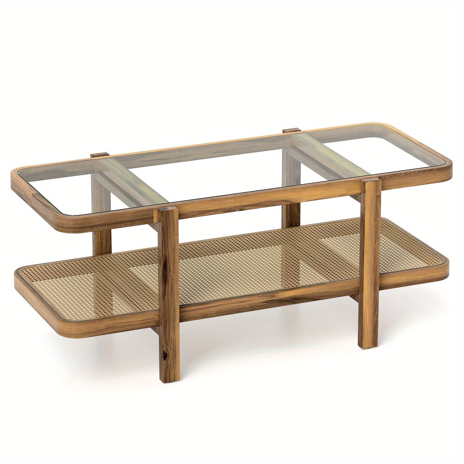 Contemporary 2-Tier Coffee Table Multifunctional Center Table Hardwood & Wood-Based Panel Construction with Tempered
