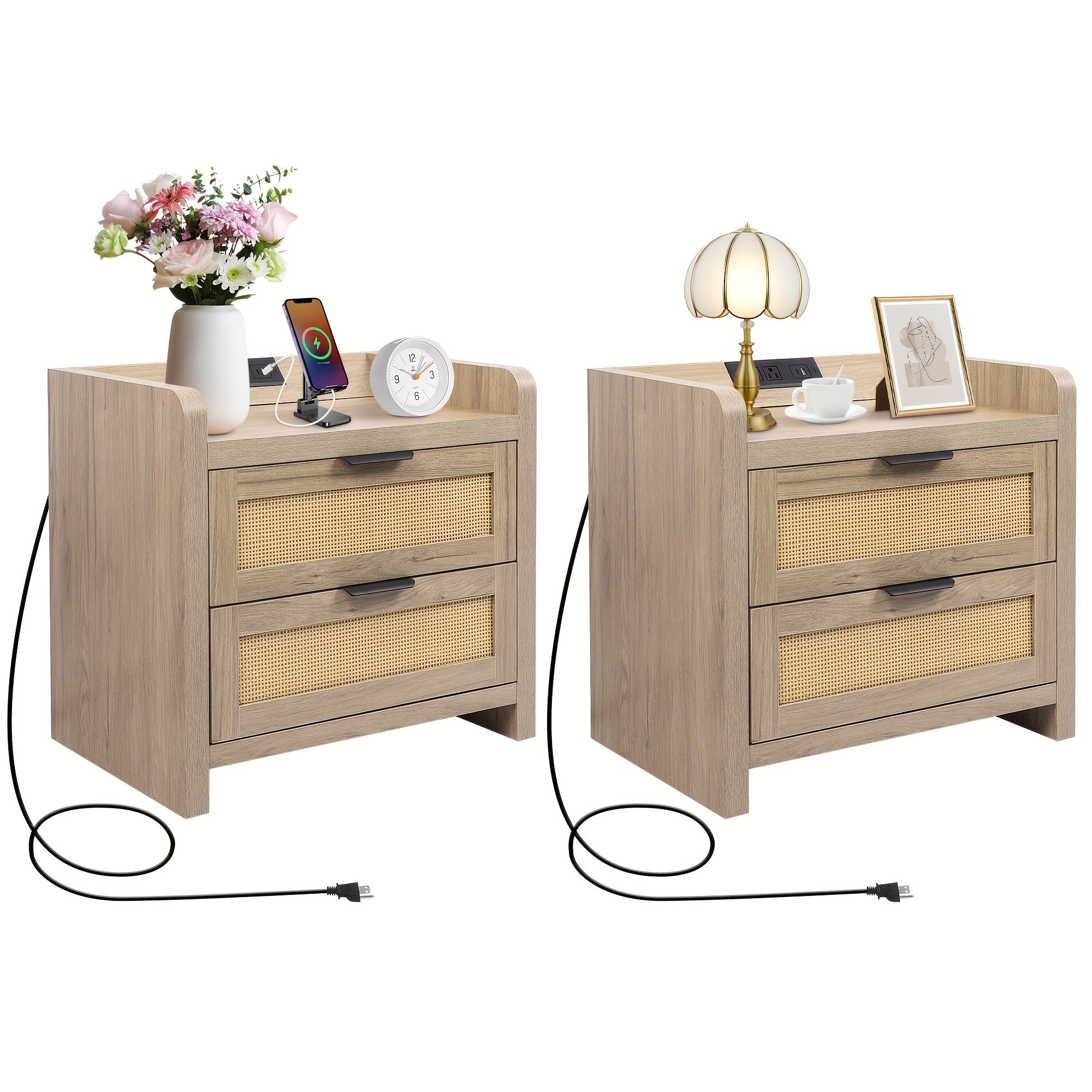 Rattan Nightstand Set Of 2 with Type-C Charging Station, Farmhouse Bedside Table with 2 Rattan Drawers, Boho Bed Side End Table for Bedroom Living Room, Natural Wood