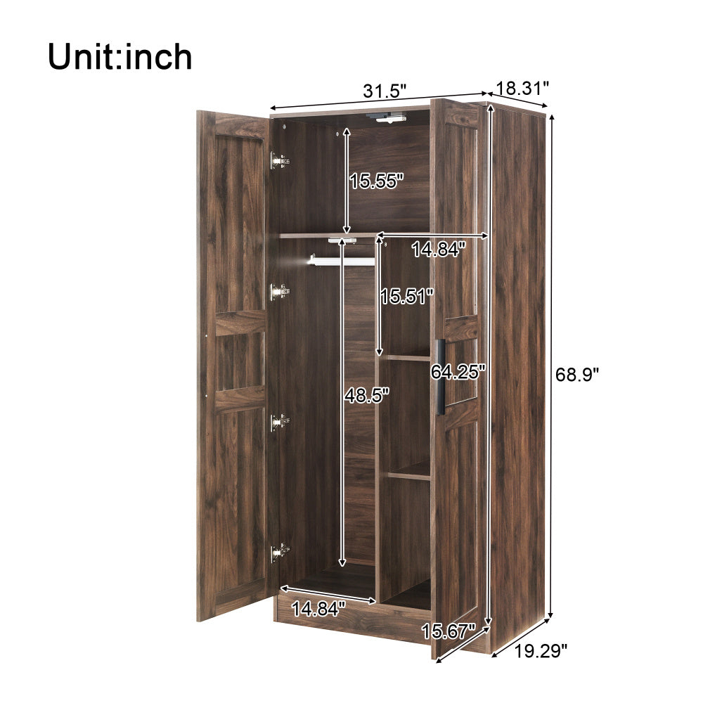 Vintage Hardwood Armoire Wardrobe with USB-Powered LED Illumination, MDF Fiberboard Construction, Floor Mounted, Brown - Spacious Bedroom Storage Closet with 4 Shelves and Sturdy Design