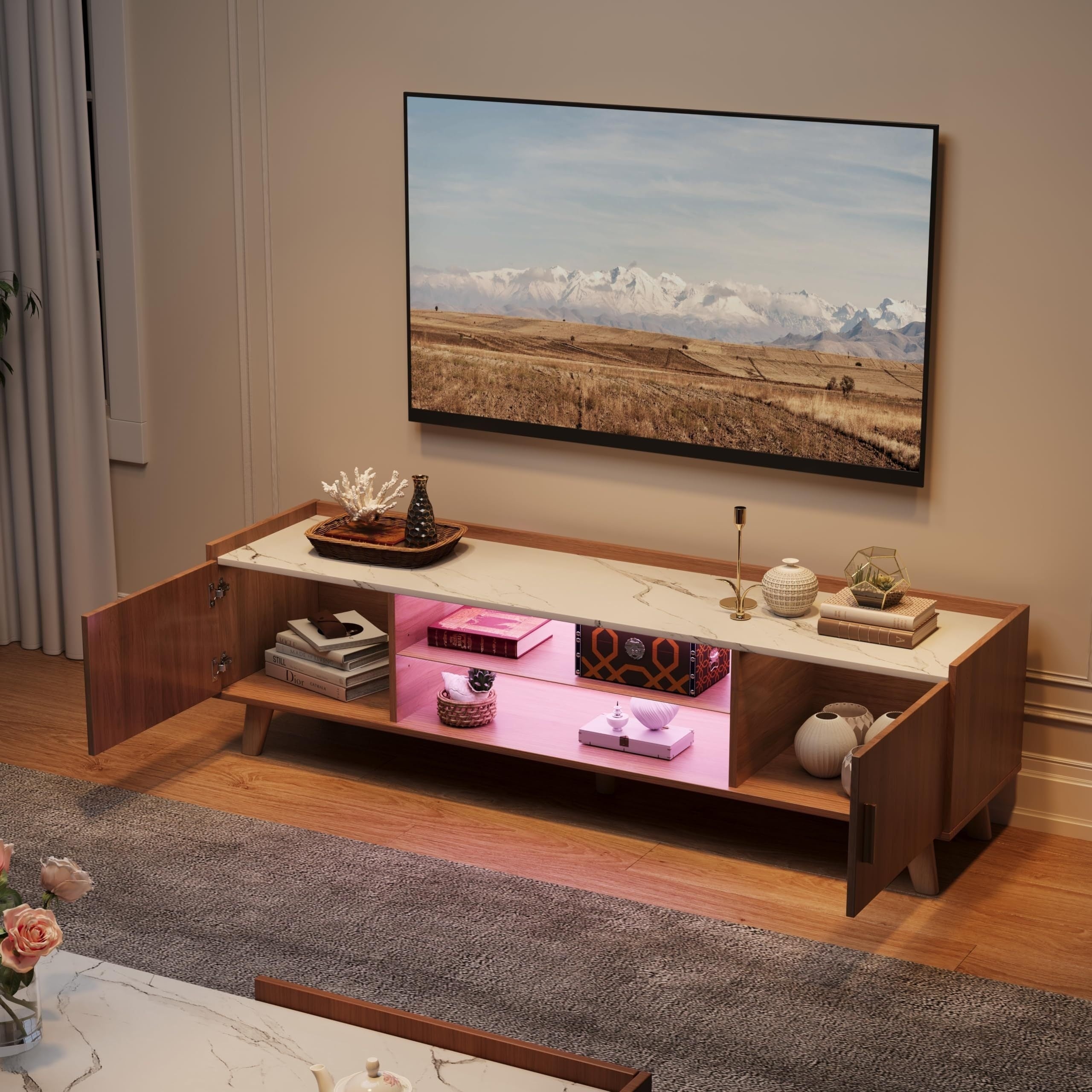 TV Stand With LED Lights For TVs Up To 65 Inch, Entertainment Center With Glass Shelves And Storage For Living Room, (Walnut Color And White Marble Color Top Plate)