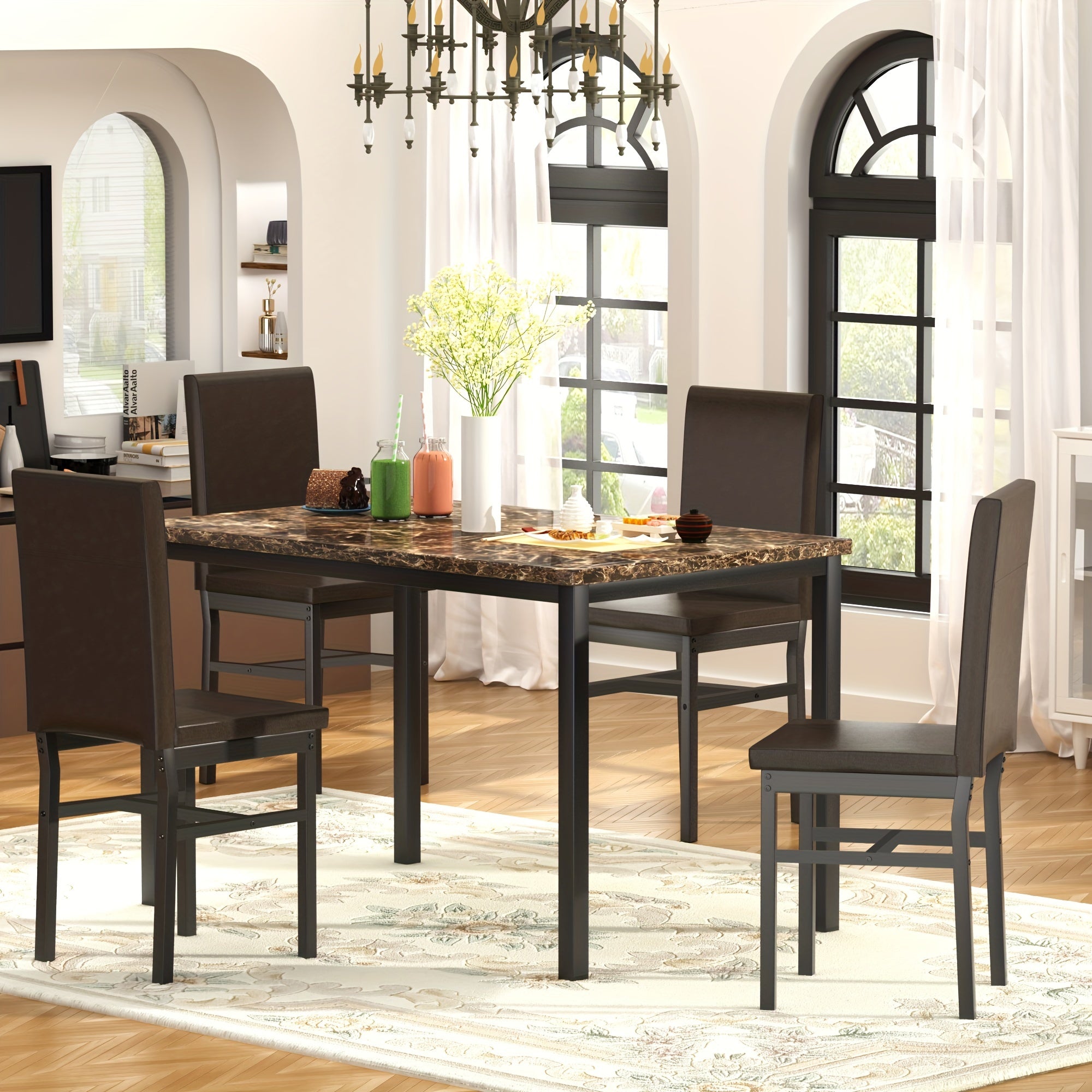 Modern Minimalist Style 5-Piece Dining Room Table Set with Faux Marble Tabletop, 4-Person Counter Height Dining Table Set with PU Leather Upholstered Chairs and Sturdy Metal Frame, Space Saving Design Bar Table Set for Living